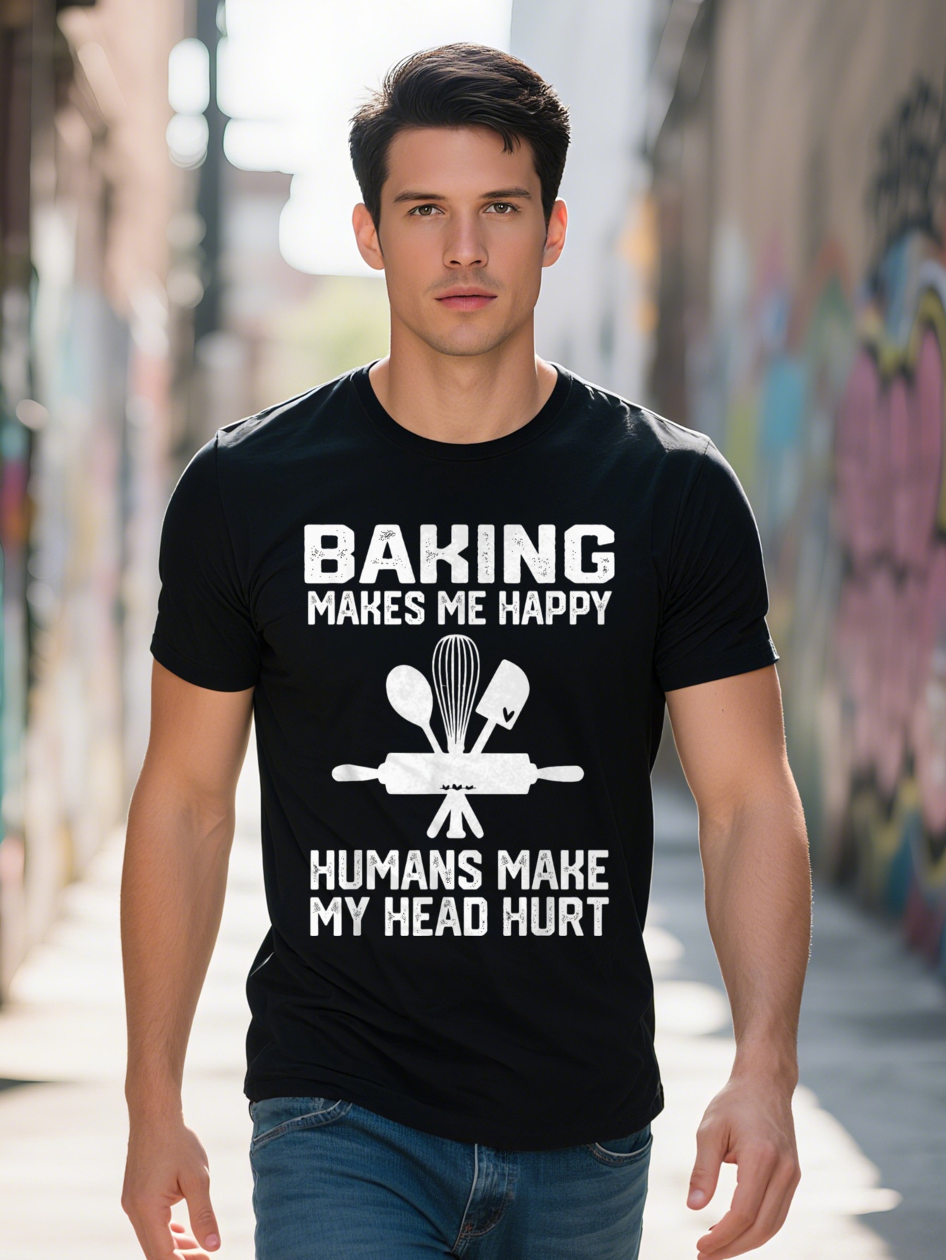 Funny Baking Makes Me Happy Humans Make My Head Hurt Graphic T Shirt Cotton gsm Black Casual Short Sleeve Tee