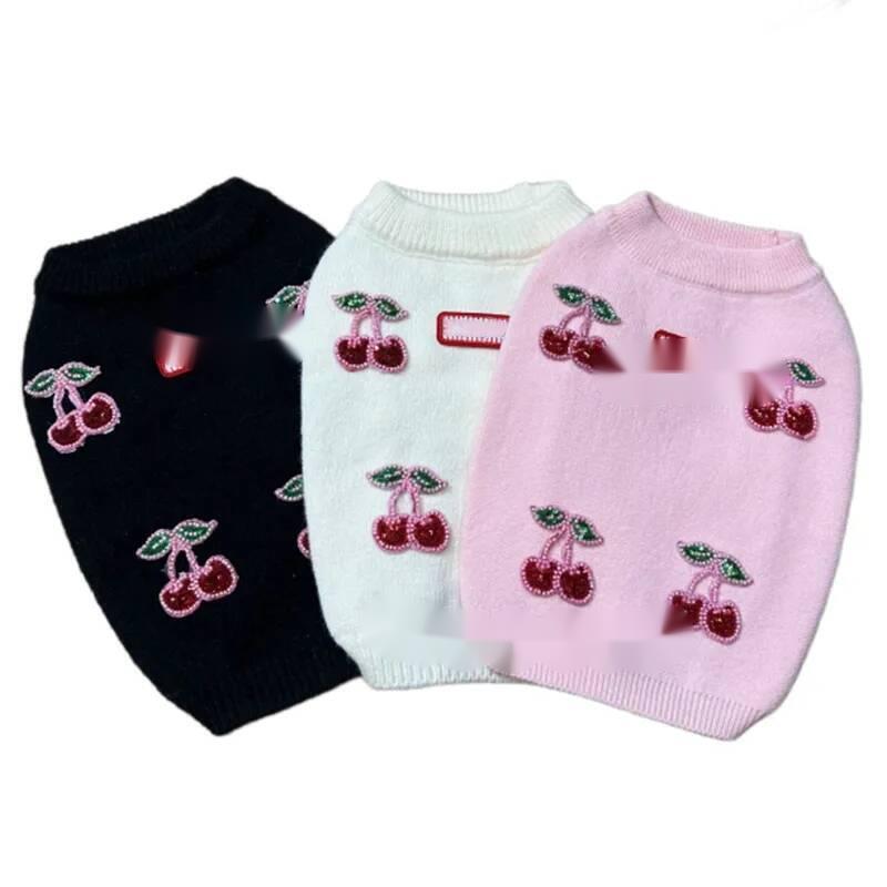 Designer Clothes Brand Apparel Fashion Cherry Pattern Sweater Pullover Soft Knitted Warm Coats Cold Weather Winter Jacket for Small Dog Girl Pink S 84