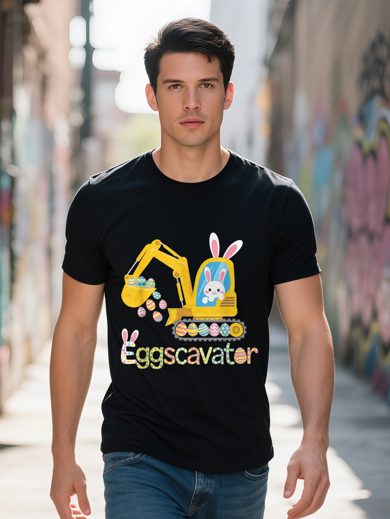 Funny EggsCavator Bunny Eggs Graphic T Shirt Men Women Cotton Breathable Short Sleeve Tee Casual Humorous