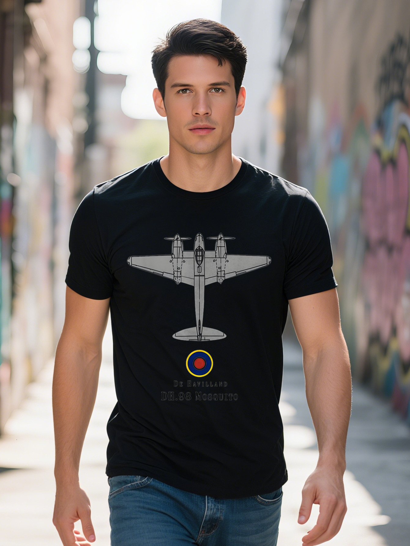 Men s Casual Crew Neck T Shirt with Unique Airplane Print Breathable Polyester, Washable, Perfect for Summer