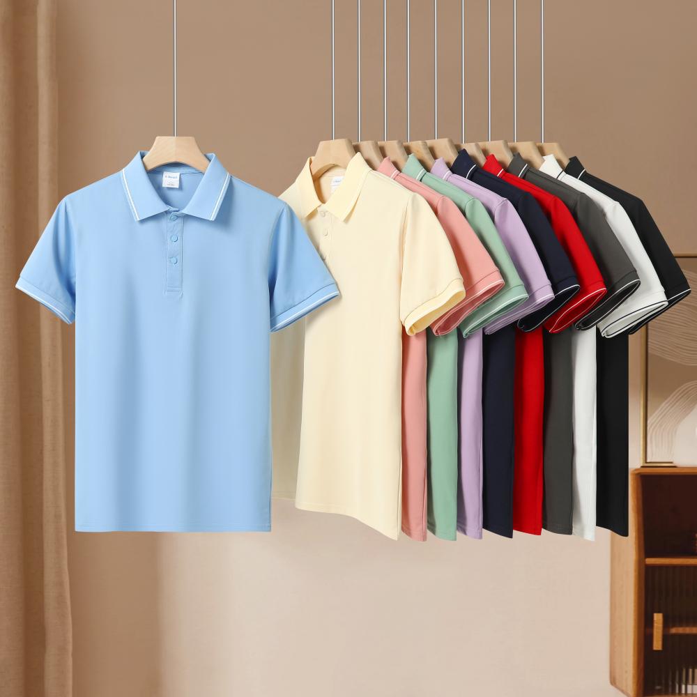 Mens polo shirt summer casual shirt breathable fashionable 240g dtf printed high stretch silk white stripe polo shirt.