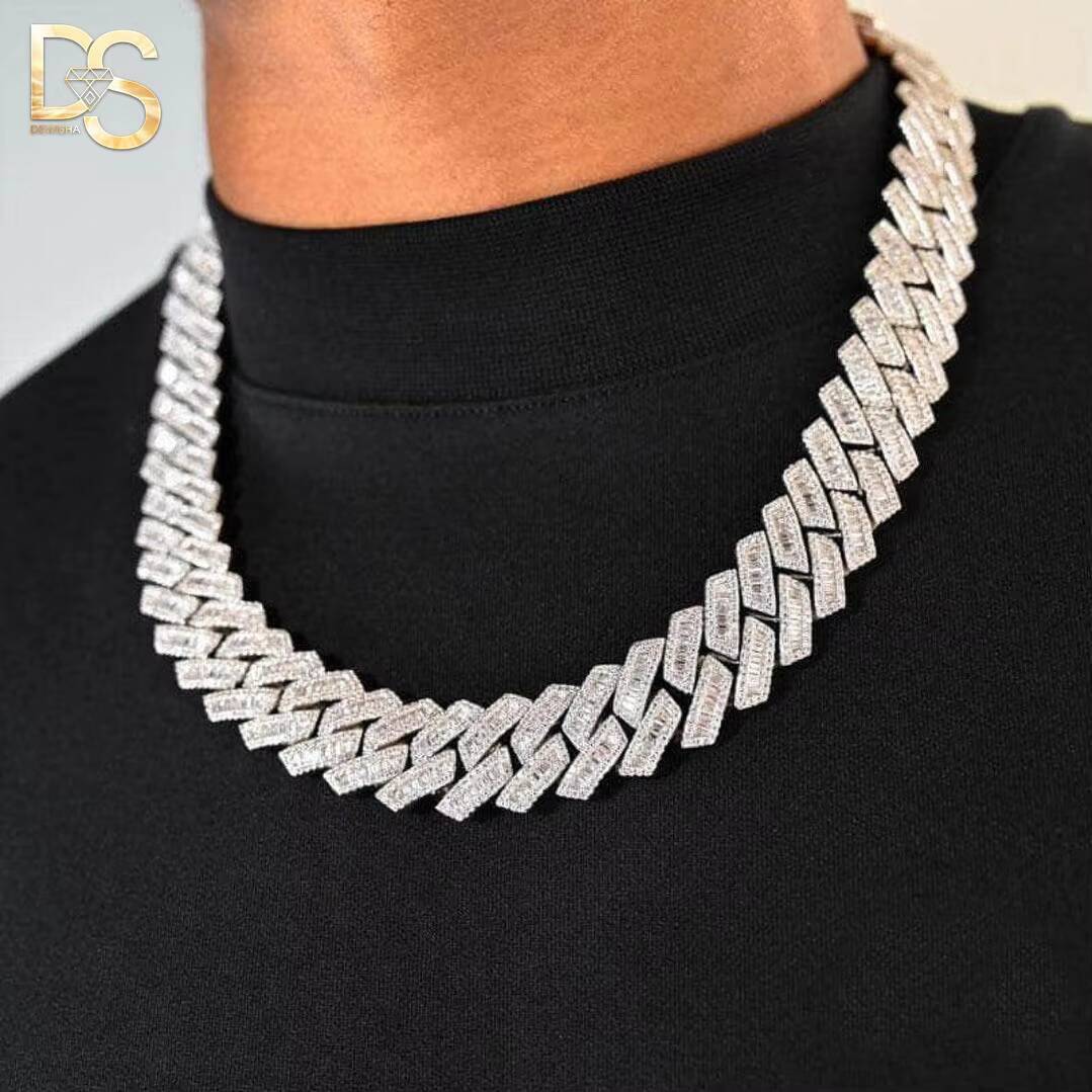 925 Sterling Silver VVS Moissanite Diamond Iced Out 12 MM 14MM Baguette Miami Cuban Link Chain Necklace for Men