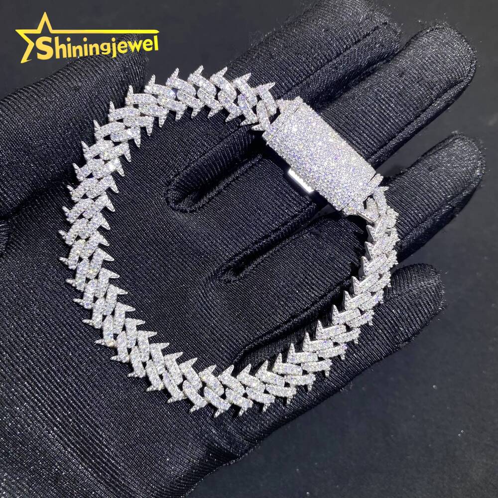 Hot Sale 10mm 925 Silver Cuban Link Chain VVS D Moissanite Iced Out Diamond Jewelry Thorn Design Miami Cuban Bracelet