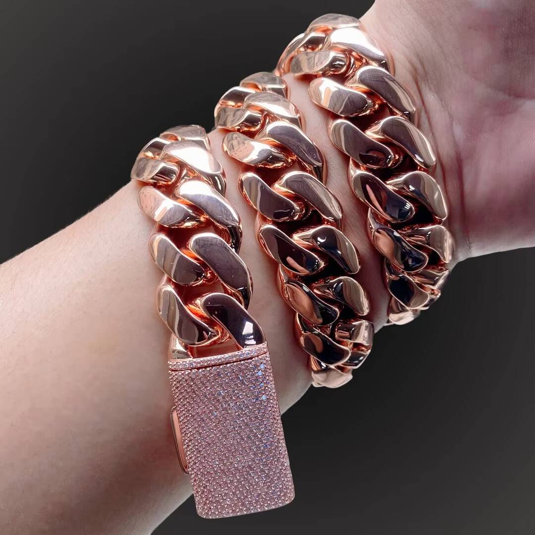 Customized Moissanite 14K Rose Gold Plated Cuban Chain 3D Clasp Miami Cuban Link Chain