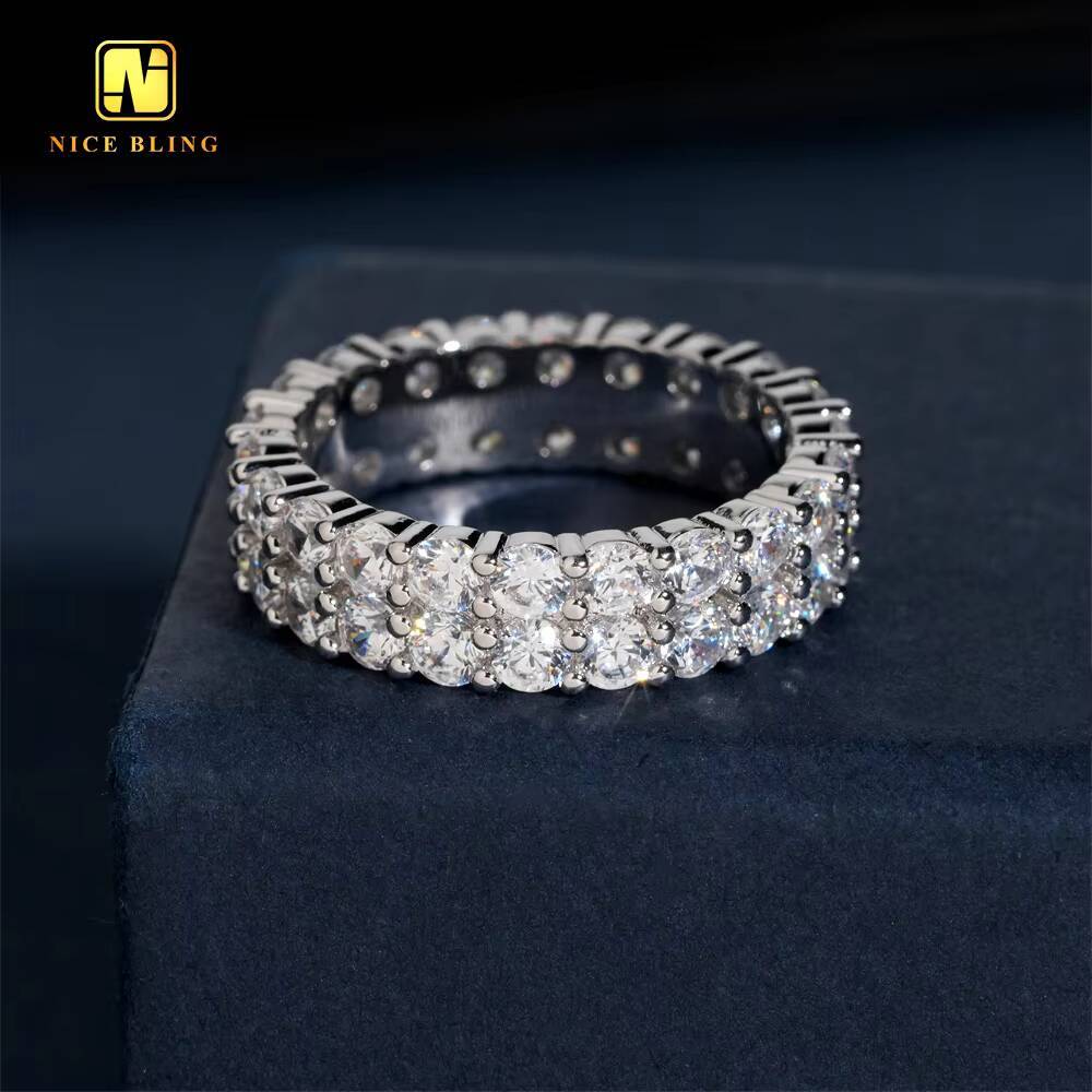 3MM Diamond Two Rows Ring Hip Hop CZ Rapper Brass 5A Cubic Zirconia Fine Jewelry Diamond Iced Out Ring for Men Daily Wear