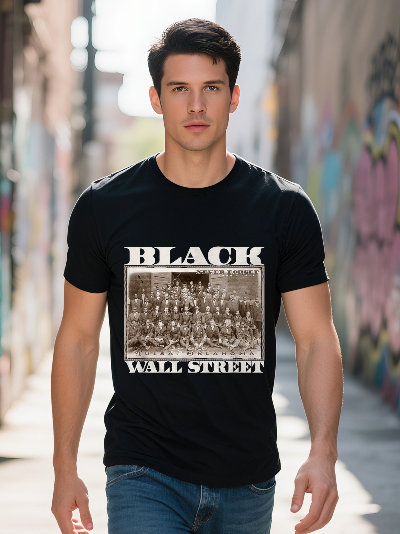 1pc Wall Street 100% Cotton Black History Month Casual Crew Neck T-Shirt, All-Season Short Sleeve Knit Fabric Shirt, Digital Heat Transfer Letter Patt