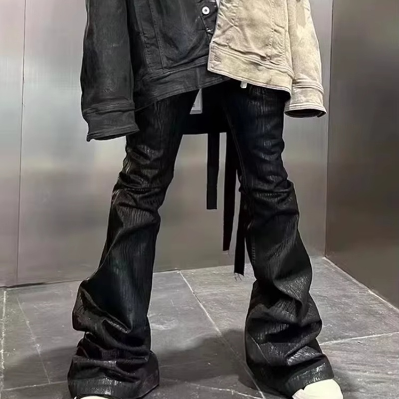 MIJKO Streetwear Black Wax Leather Strecth Jeans for Men Baggy Y2k Flare Pants Oversized Straight Denim Trousers