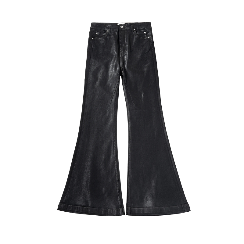 MIJKO Streetwear Black Wax Leather Strecth Jeans for Men Baggy Y2k Flare Pants Oversized Straight Denim Trousers