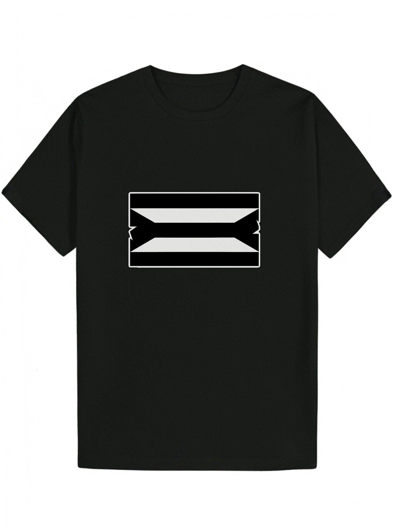 Men's Black Summer Pattern T-Shirt - Round Neck Polyester Knit, White Striped Equality Design, Machine Washable, Lightweight and Breathable, Suit