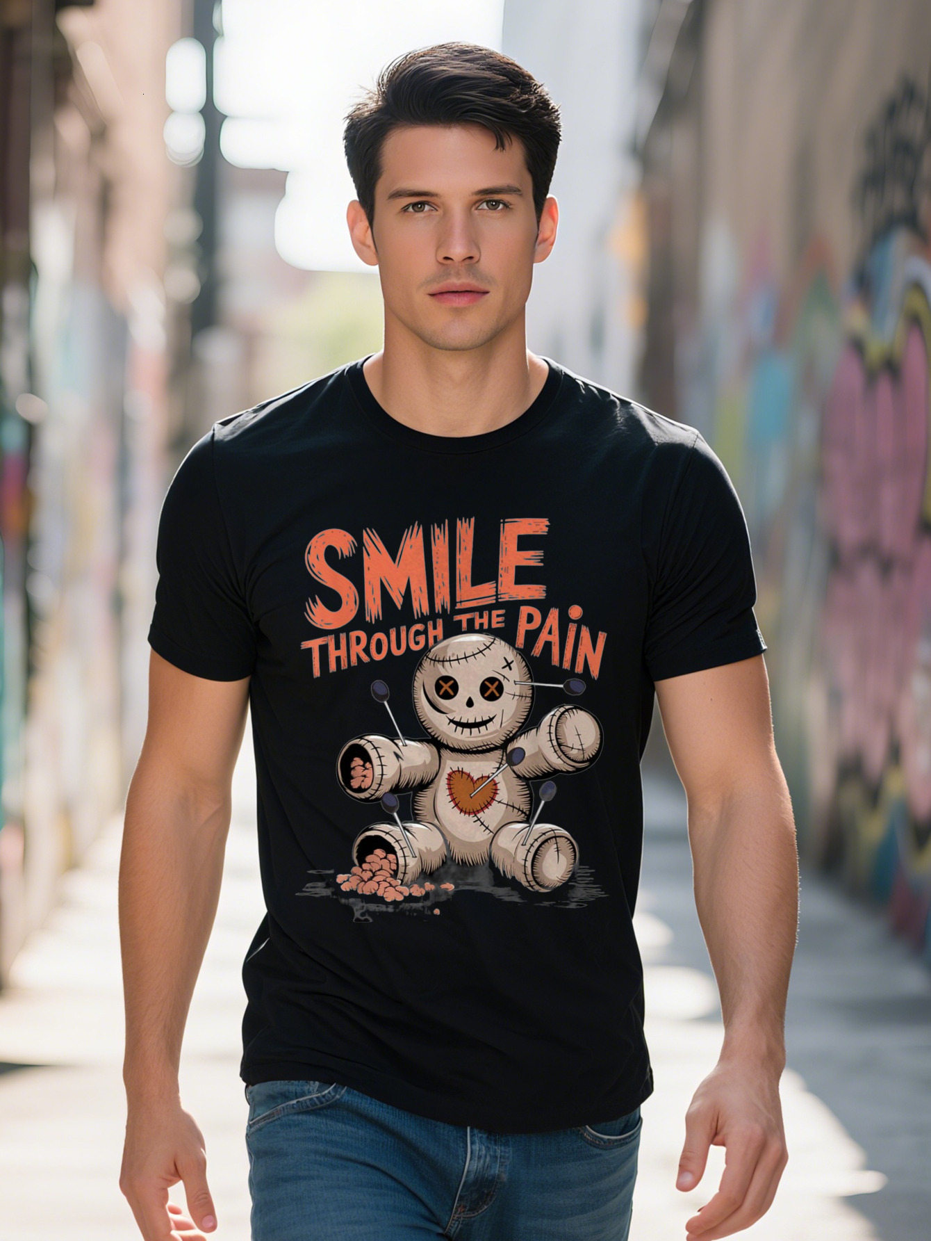 Men s Smile Through The Pain Voodoo Doll Graphic T Shirt Cotton Black Casual Crew Neck Tee with Unique