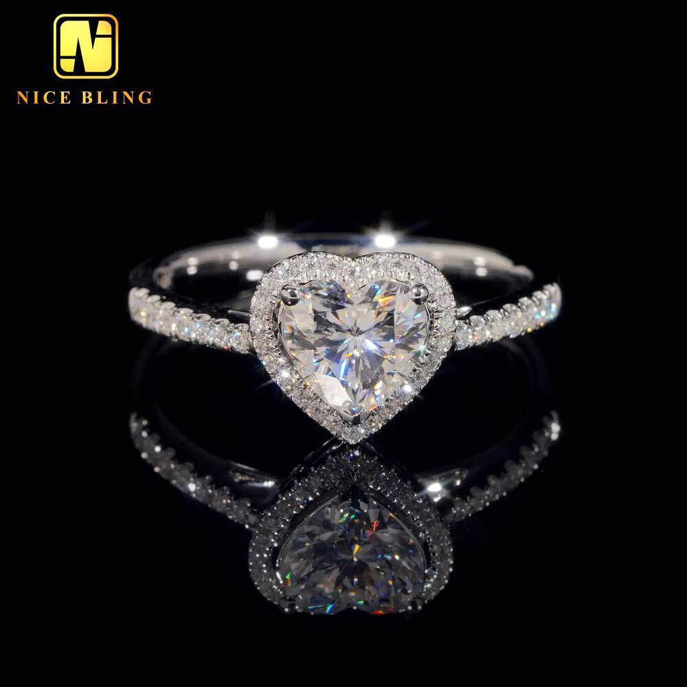 Iced Out Luxury Wedding Jewelry Diamond Custom 14K Real Gold Heart Cut VVS Moissanite Engagement Ring for Women