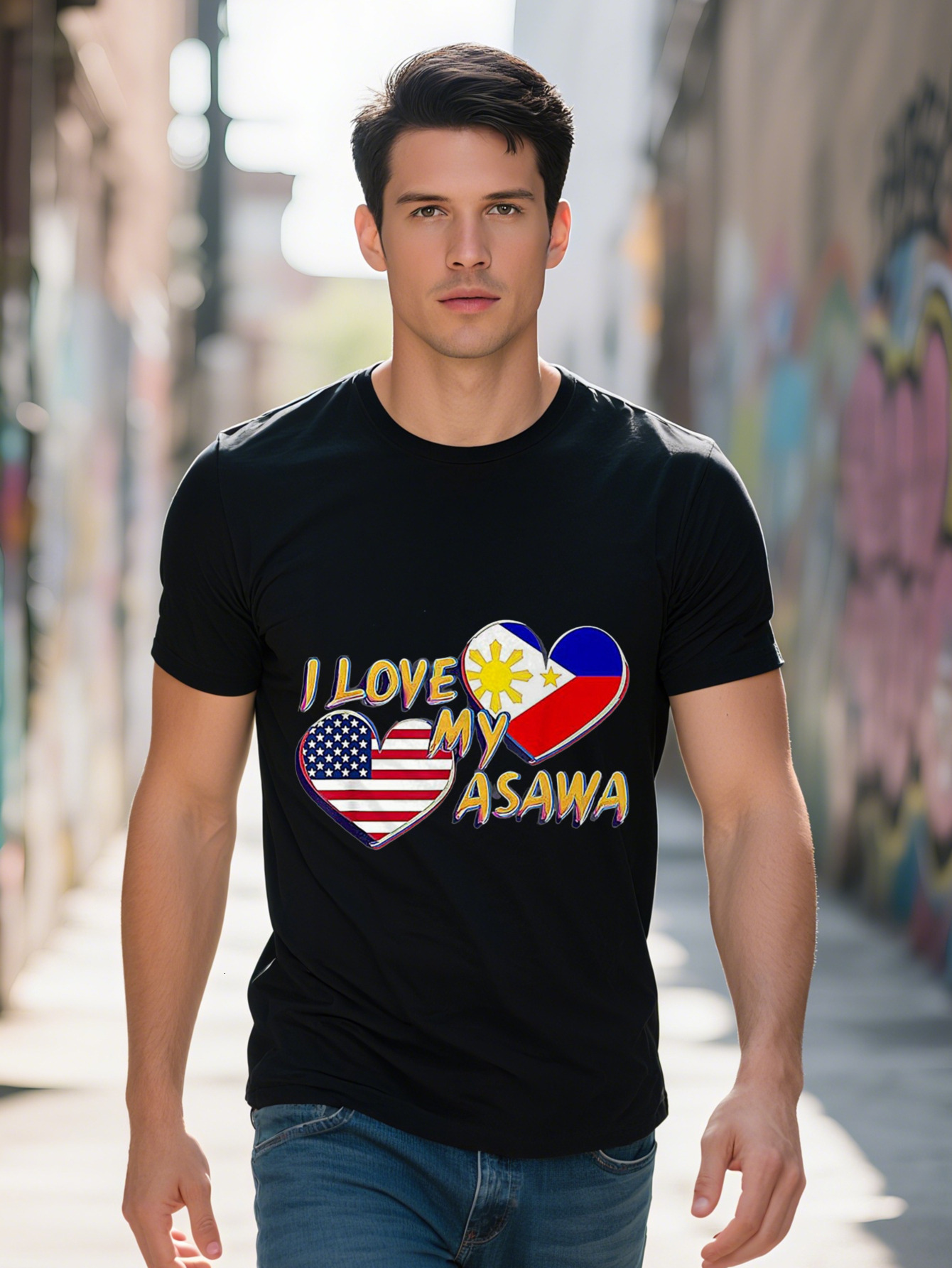 Men s Black Crew Neck T Shirt American Filipino Heart Design with I LOVE MY WIFE Text Cotton Regular Fit