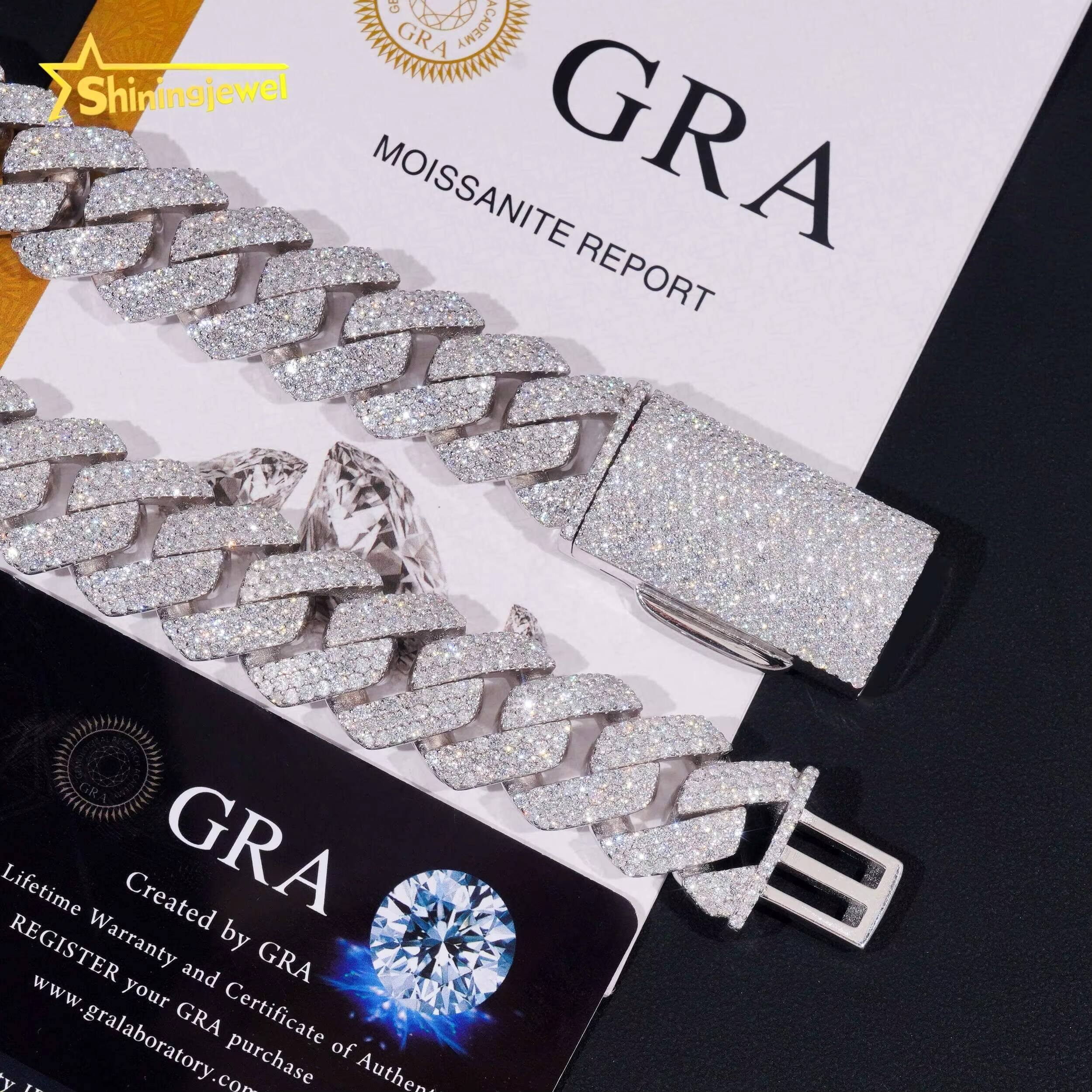 GRA Certificate Solid Hip Hop 20mm Iced Out Mens Miami 925 Silver Moissanite Cuban Link Chain