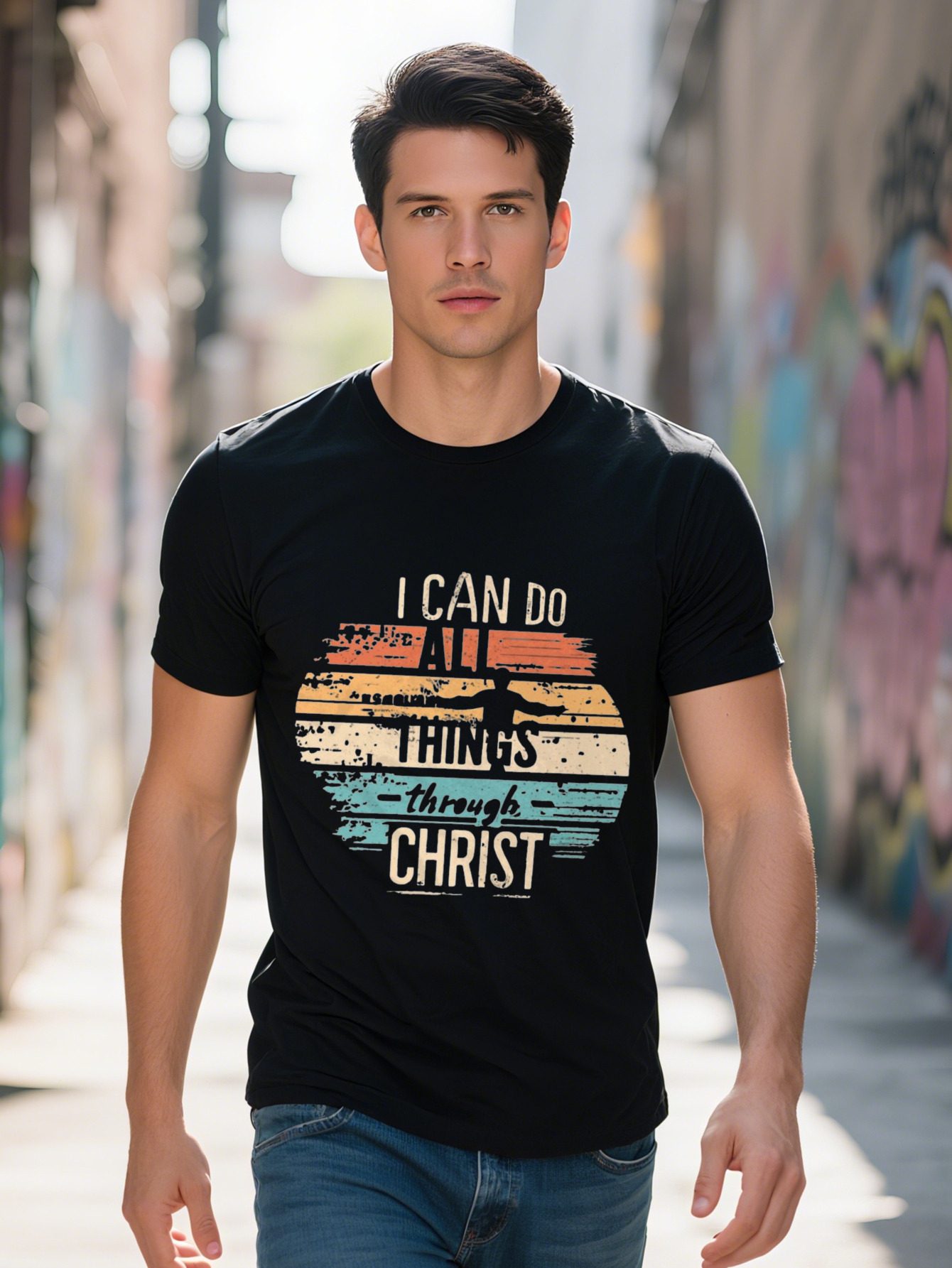 Vintage Sunset Inspirational Quote T-Shirt for Men, Polyester Crew Neck Tee, Casual Geometric Pattern with Slight Stretch