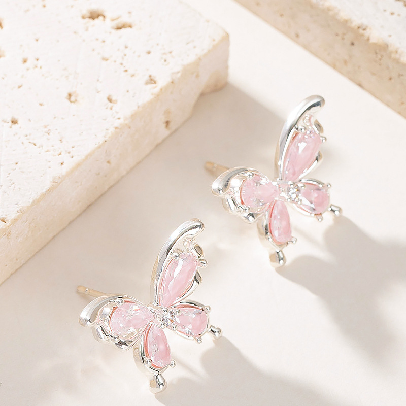 Sier Needle Sweet Versatile Fresh Ice Crystal Zircon Butterfly for Women High-end Light Niche Minimalist Style Earrings
