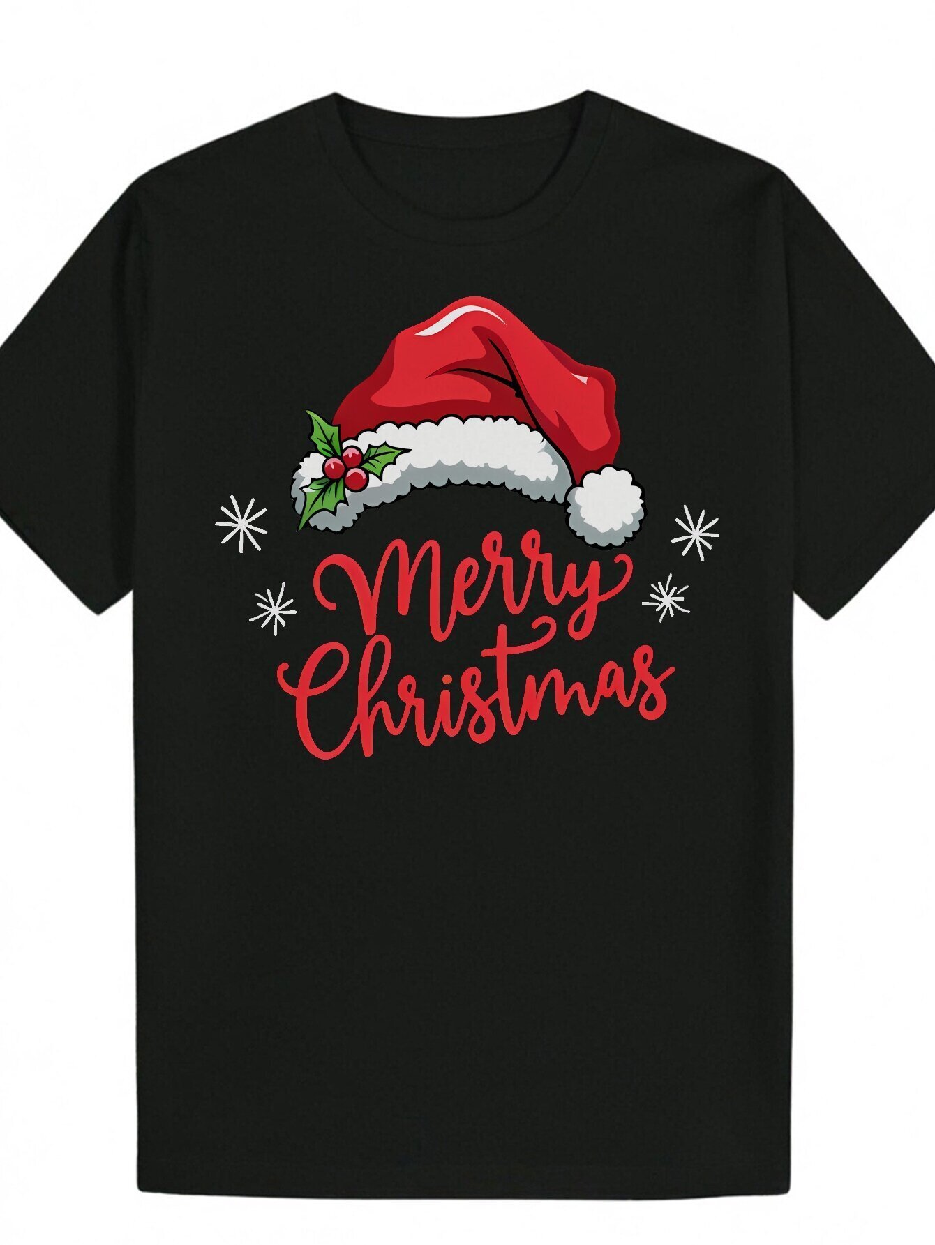 1 Casual Style, Round Neck, Short Sleeve, Polyester Knit Fabric, Elastic, Regular Fit, Summer, Merry Christmas Pattern T-shirt, Black, Theme, Men'