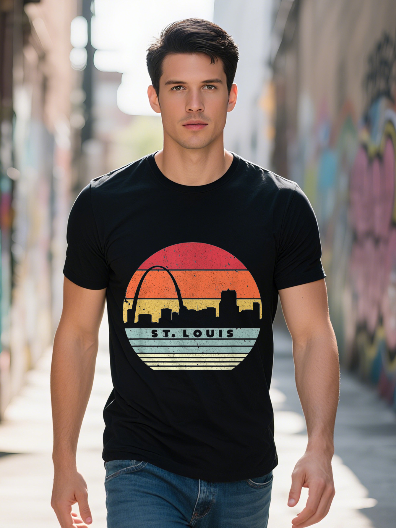 St Retro Style Graphic Men Cotton Crew Neck T-Shirt with Vintage USA Skyline Print Short Sleeve