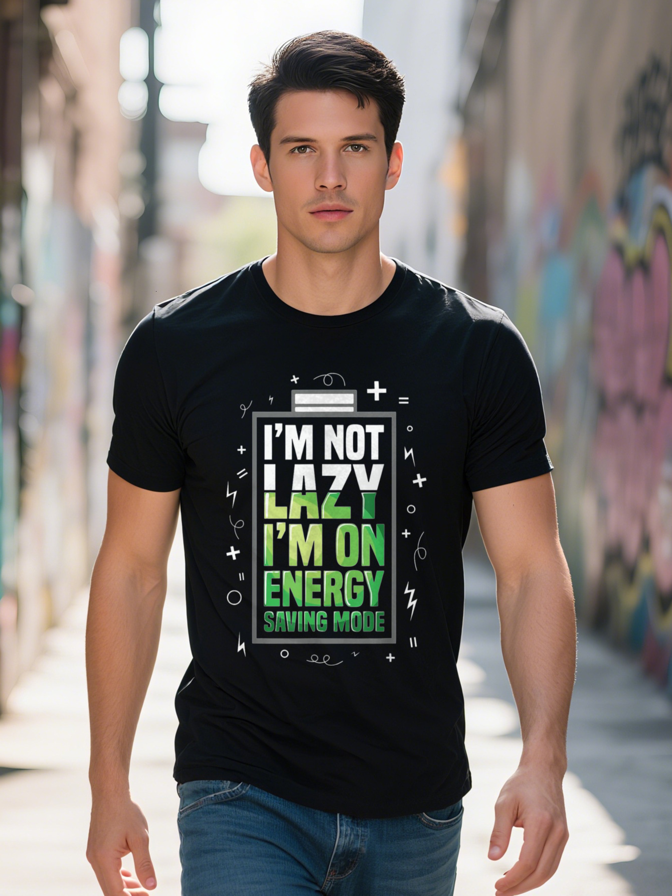 Not Lazy I'm In Energy Saving Mode T-Shirt Black Graphic Tee with Green Text Cartoon Icons Regular Short Sleeve
