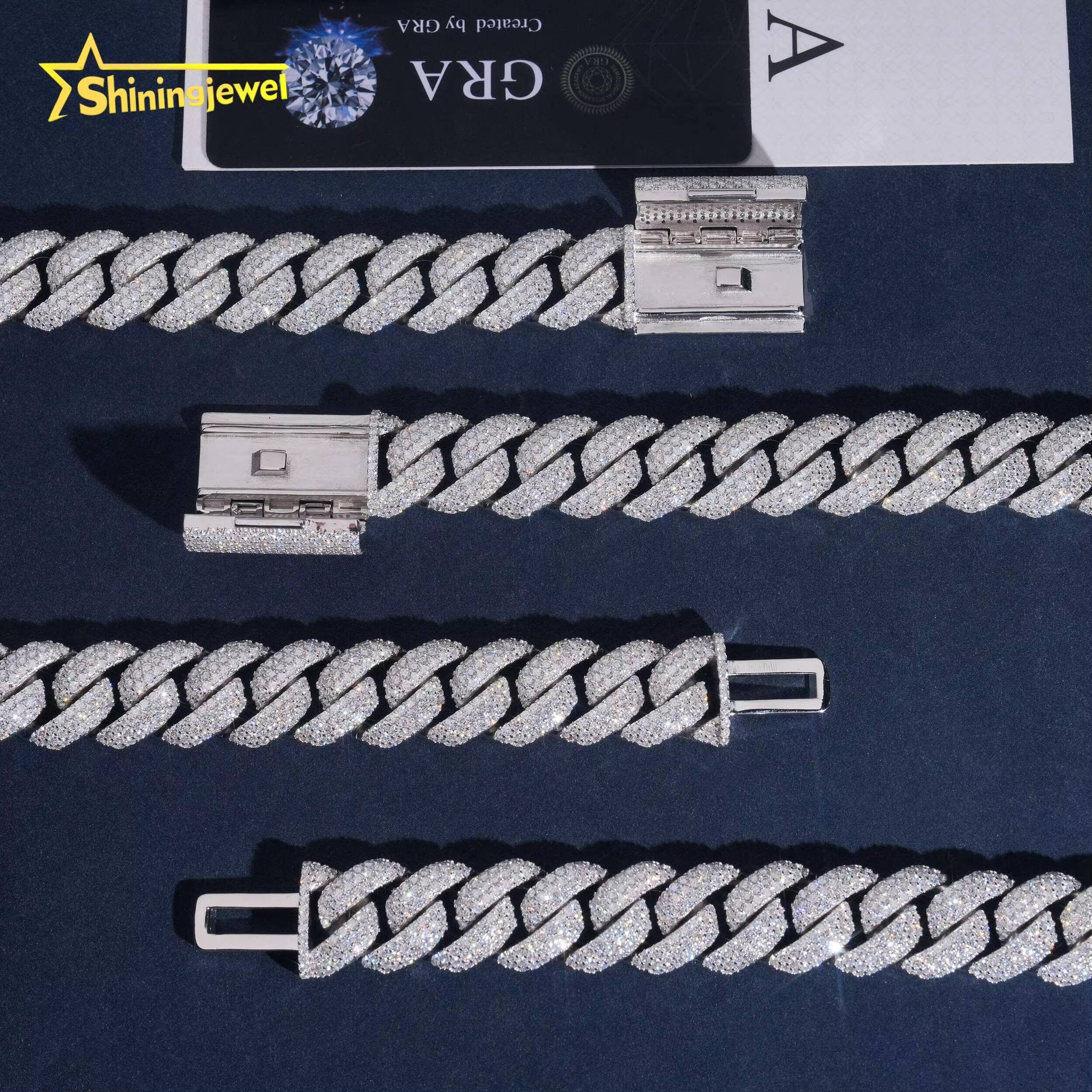 16mm 3Rows Iced Out Cuban Link Chain Rapper Men Jewelry 925 Silver Round VVS Moissanite Diamond Miami Cuban Bracelet Necklace