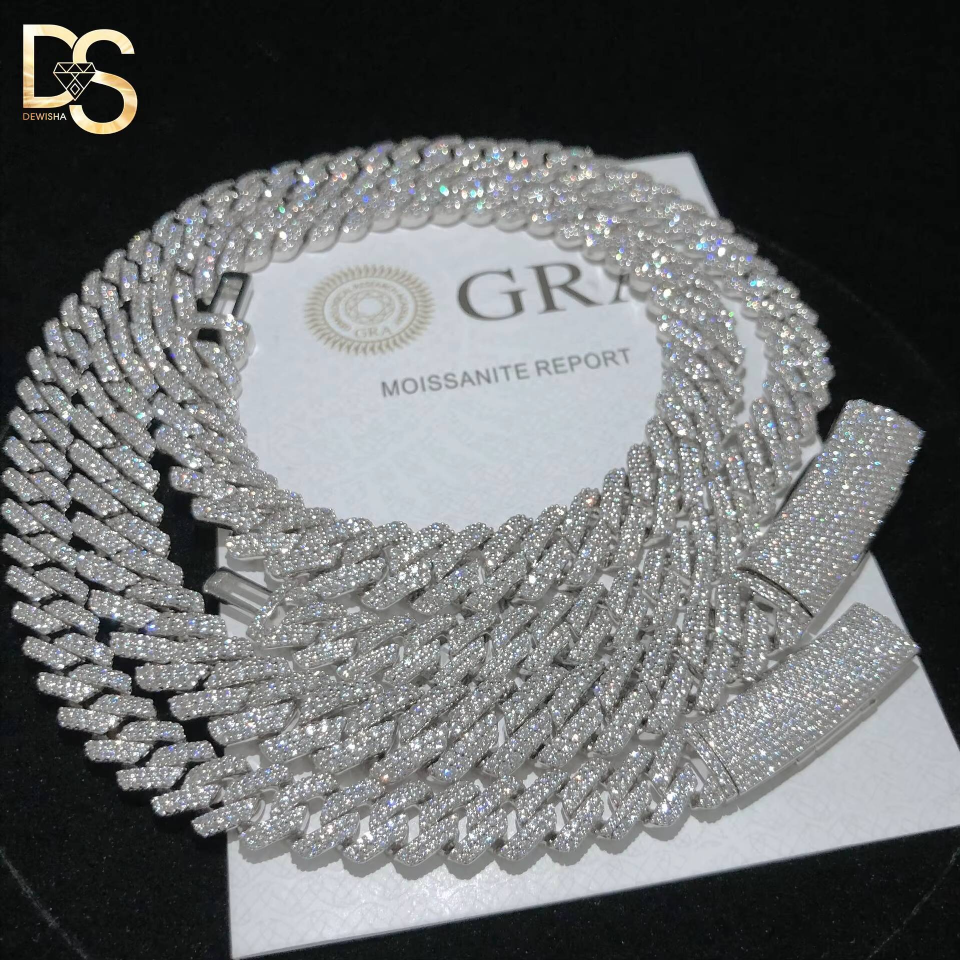 Factory Wholesale Hip Hop Fashion 12mm Width S925 Sterling Silver Plated Moissanite Cuban Chain Necklace