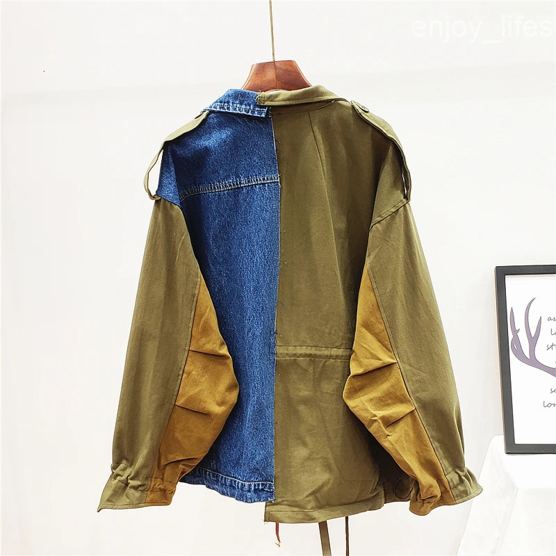 Spring Autumn High Quality Lapel Long Sleeve Loose Vintage Denim Patchwork Hit Color Women Jacket Casual Jeans Jacket
