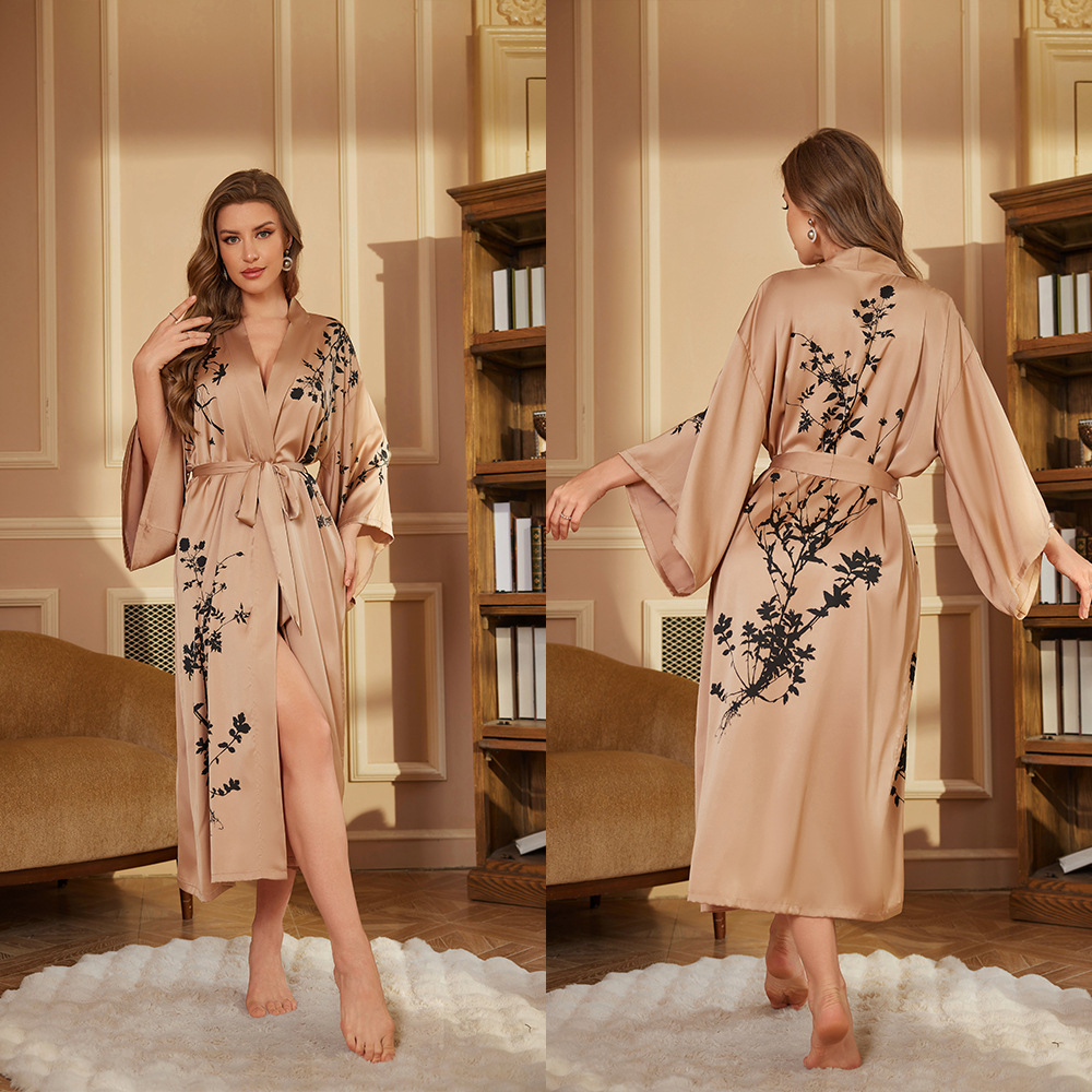 Outfits For Woman New Female Long Robe Nightgown Spring Summer Silk Satin Kimono Bathrobe Sleepwear Loose Silk Satin Home Dressing Gown Loungewear