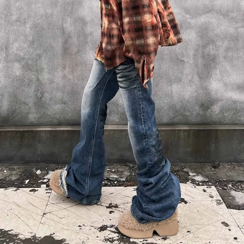 MIJKO High Street Frayed Washed Blue Dirty Flare Jeans Pants for Men and Women Ripped Damaged Casual Boot Cut Oversize Denim Trousers