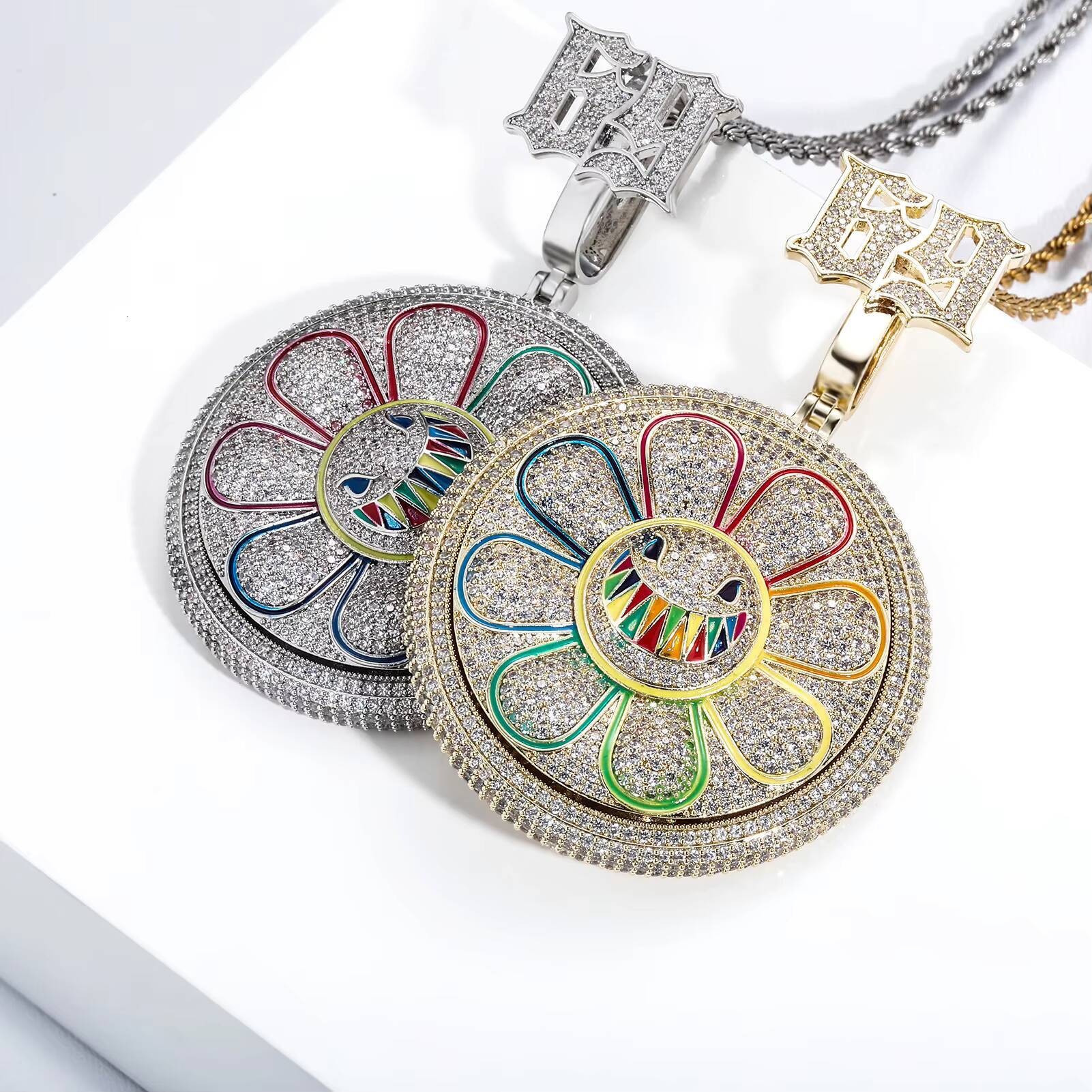 Wholesale Flower Pendant Colorful Zircon 14K Gold Plated Brass Pendant