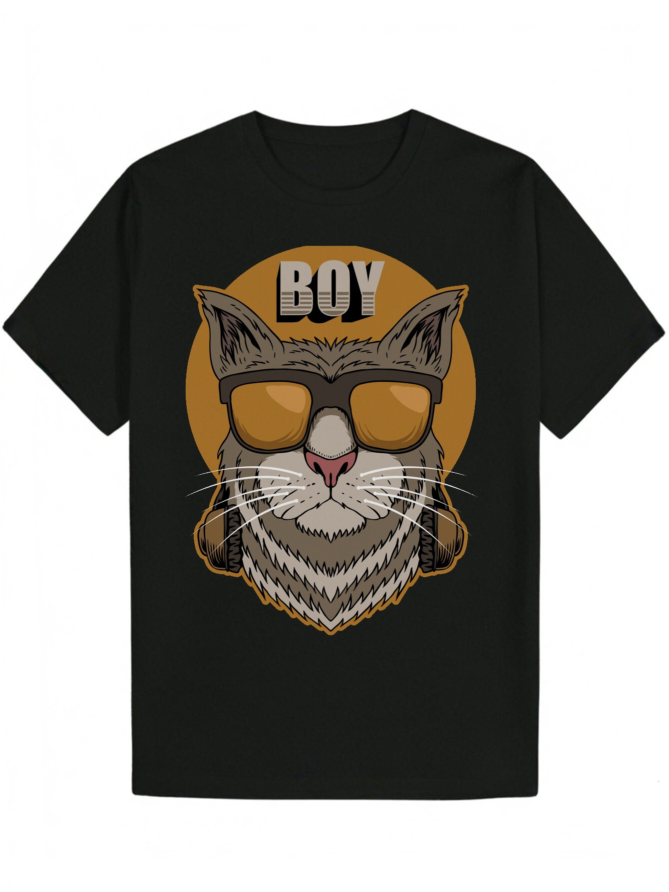 Men's Summe Round Neck Polyeste T-Shit - Cat Face Patten, with Fashion Glasses, Black, Machine Washable, Lightweight and Beathable, Suitable fo C