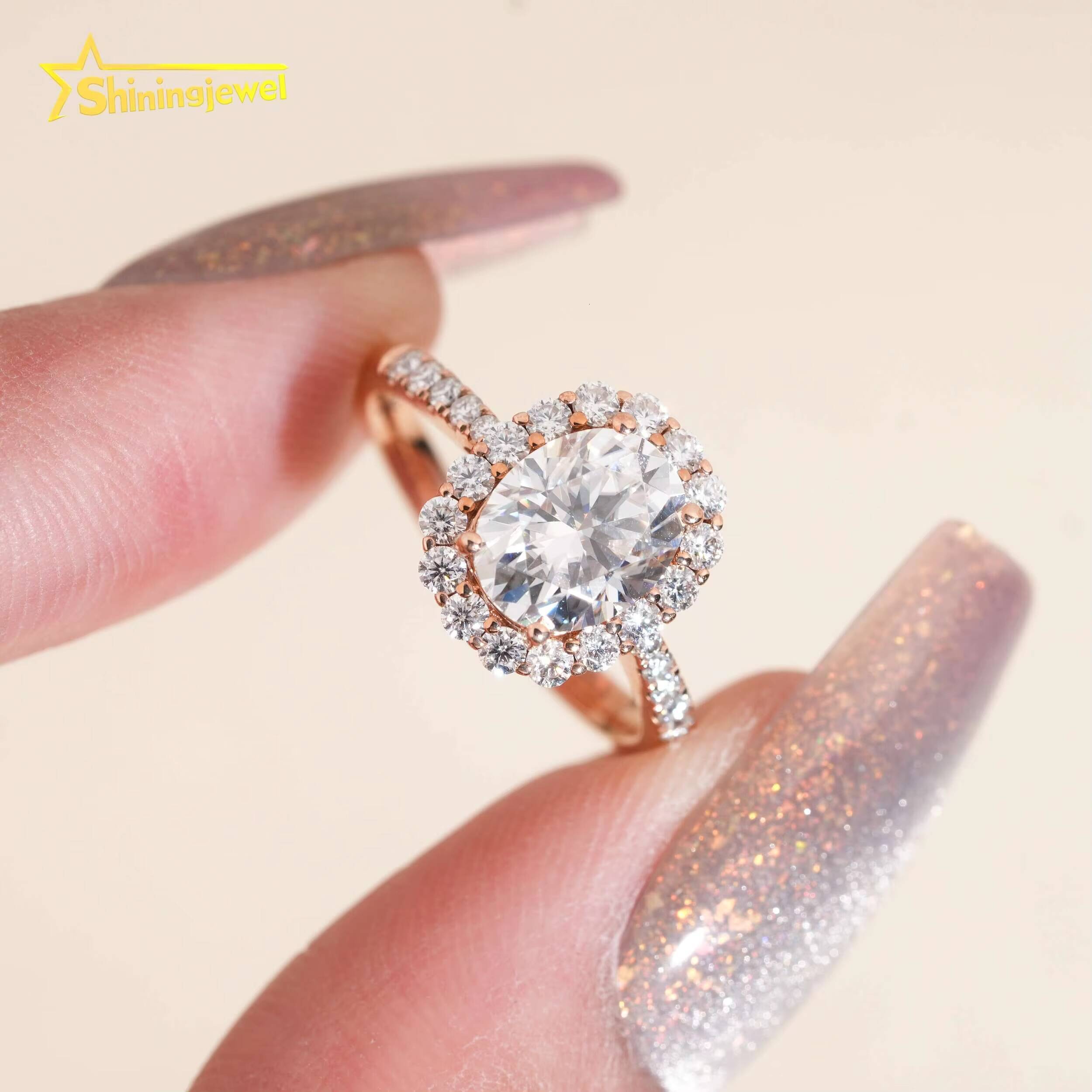 14K Solid Gold Women Ring Halo Rings Oval Cut Moissanite Engagement Rings for Women Pass Diamond Tester