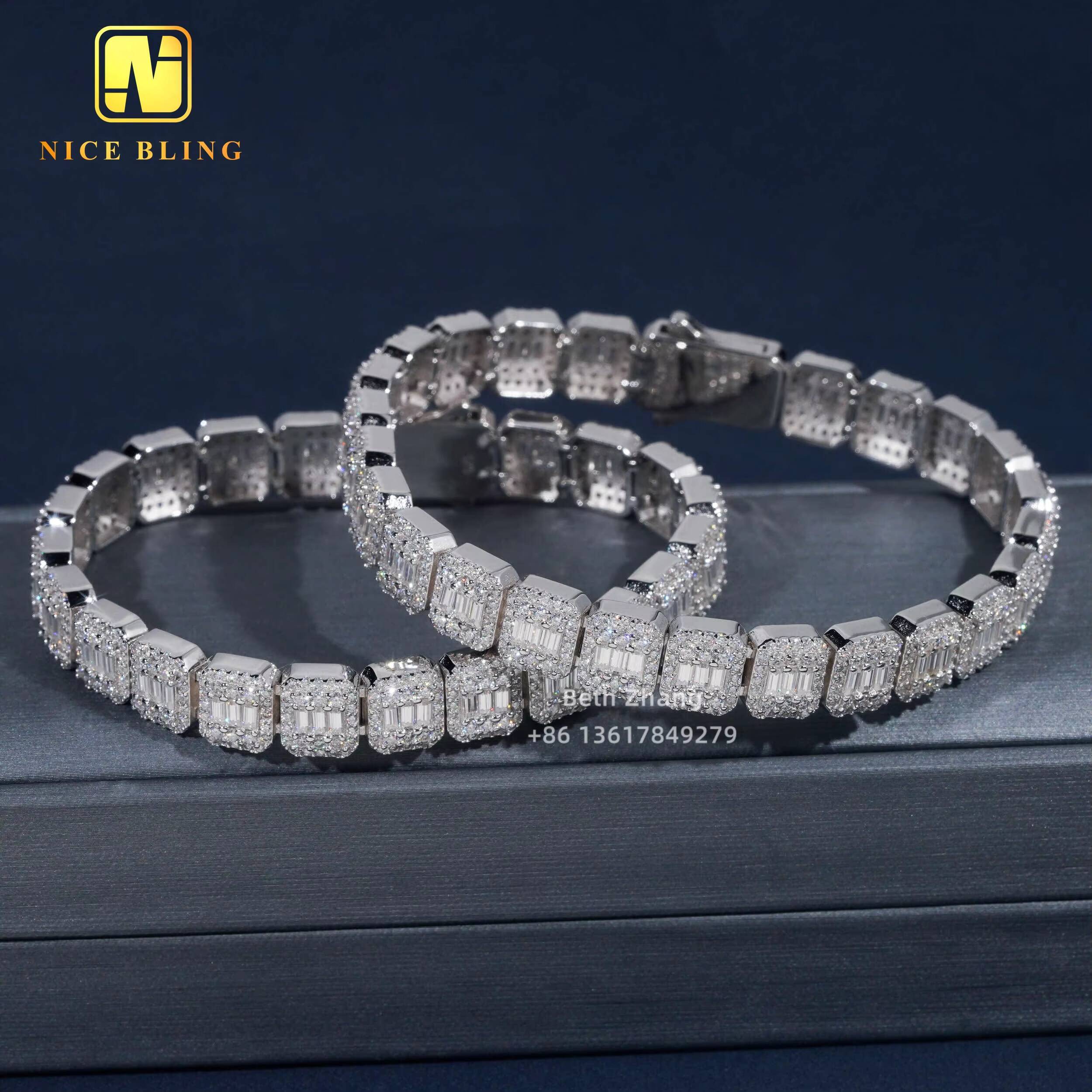 Baguette Moissanite Cuban Bracelet Fashion Hip Hop Iced Out Jewelry 9mm VVS Moissanite Diamond Cuban Link Chain Bracelet for Men