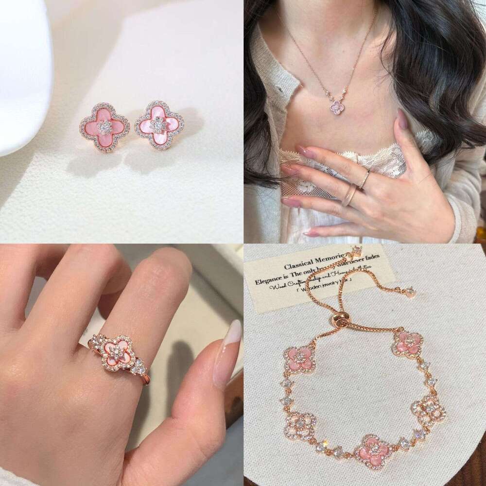 Luxury jewelry designer jewelry pink shell four leaf flower earrings necklace ring necklace four piece set high-end niche women's clover bracelet