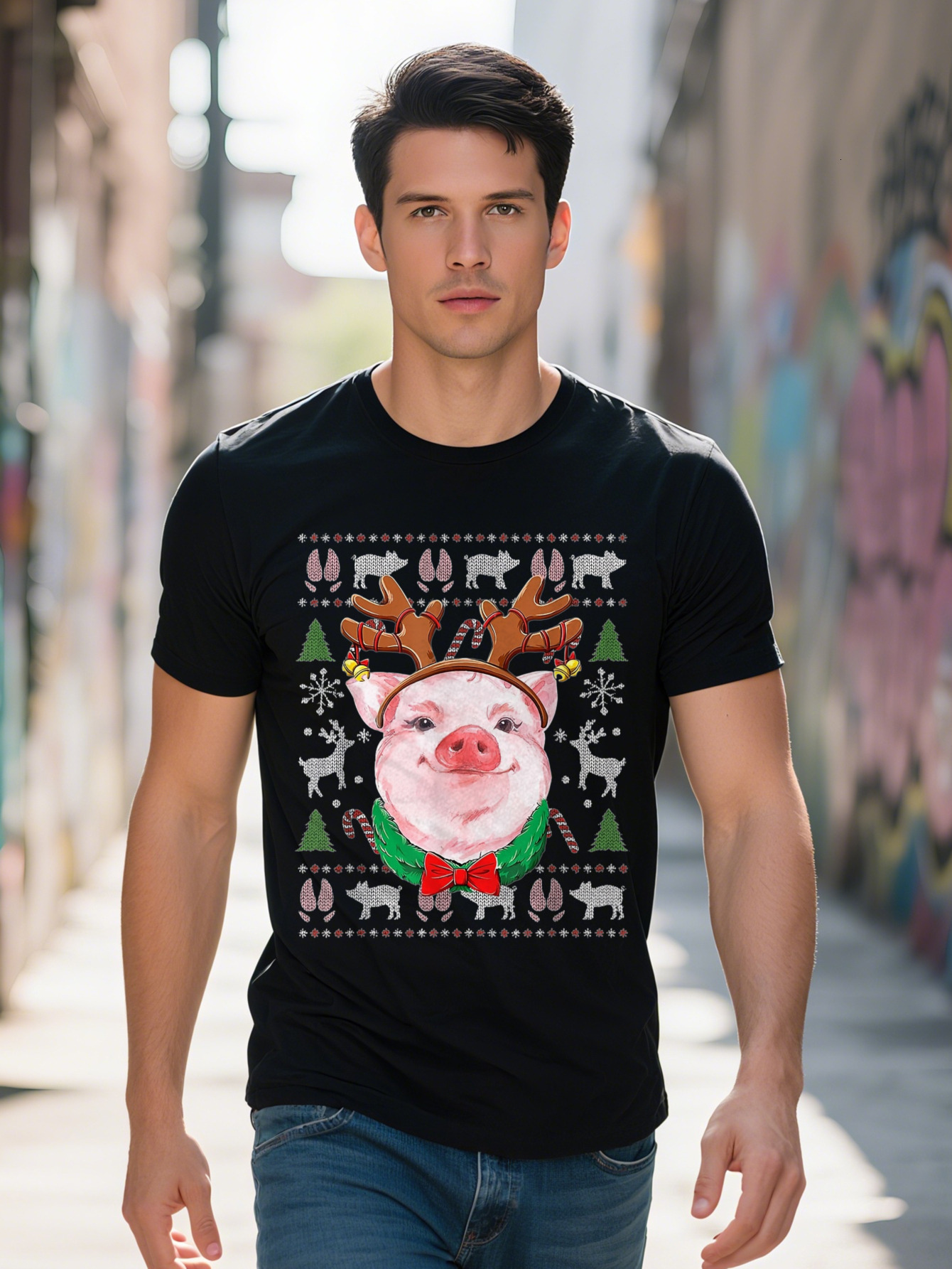 Men s Cotton Christmas T Shirt Whimsical Pig with Reindeer Antlers Santa Hat Festive Holiday Graphics Short