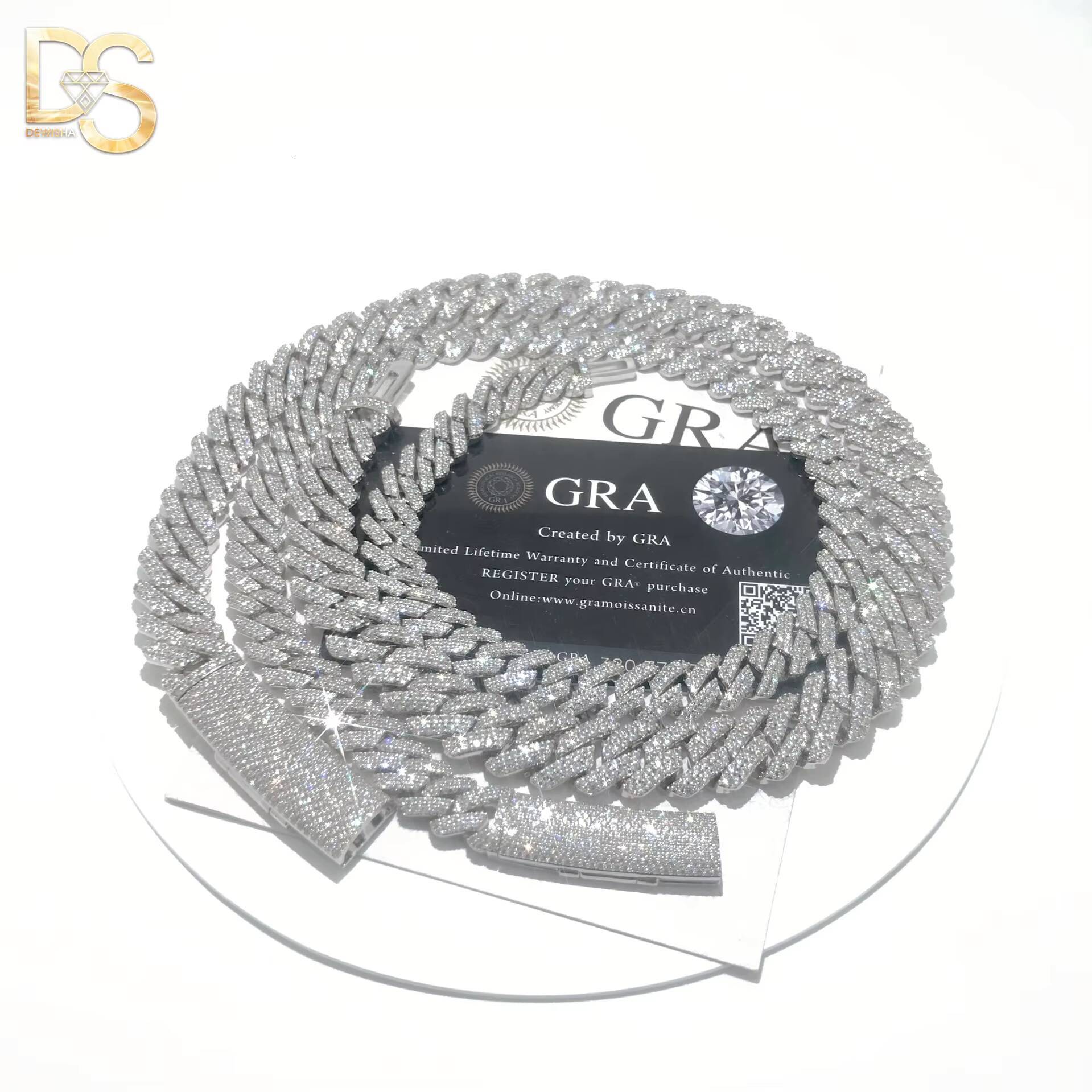 Factory Wholesale Hip Hop Fashion 12mm Width S925 Sterling Silver Plated Moissanite Cuban Chain Necklace