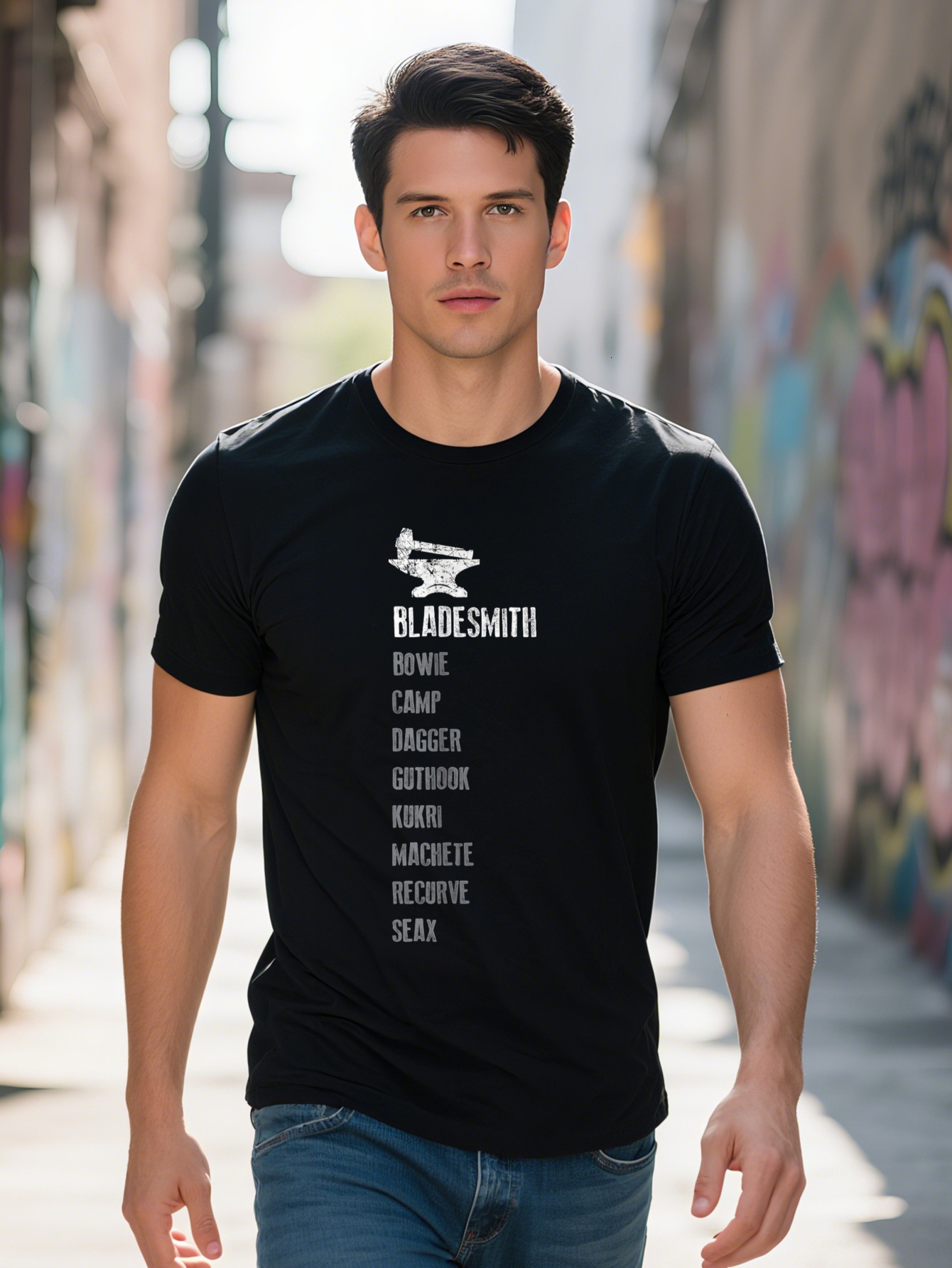 Bladesmith Graphic T-Shirt Cotton Casual Short Sleeve Tee with Cartoon Knife Design Blacksmith Gift for bfe55