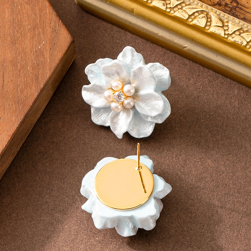 Super Fairy Elegant Fashion Style Dia-Encrusted Pearl Floral for Women High-End Temperament Fresh Sier Needle Earrings