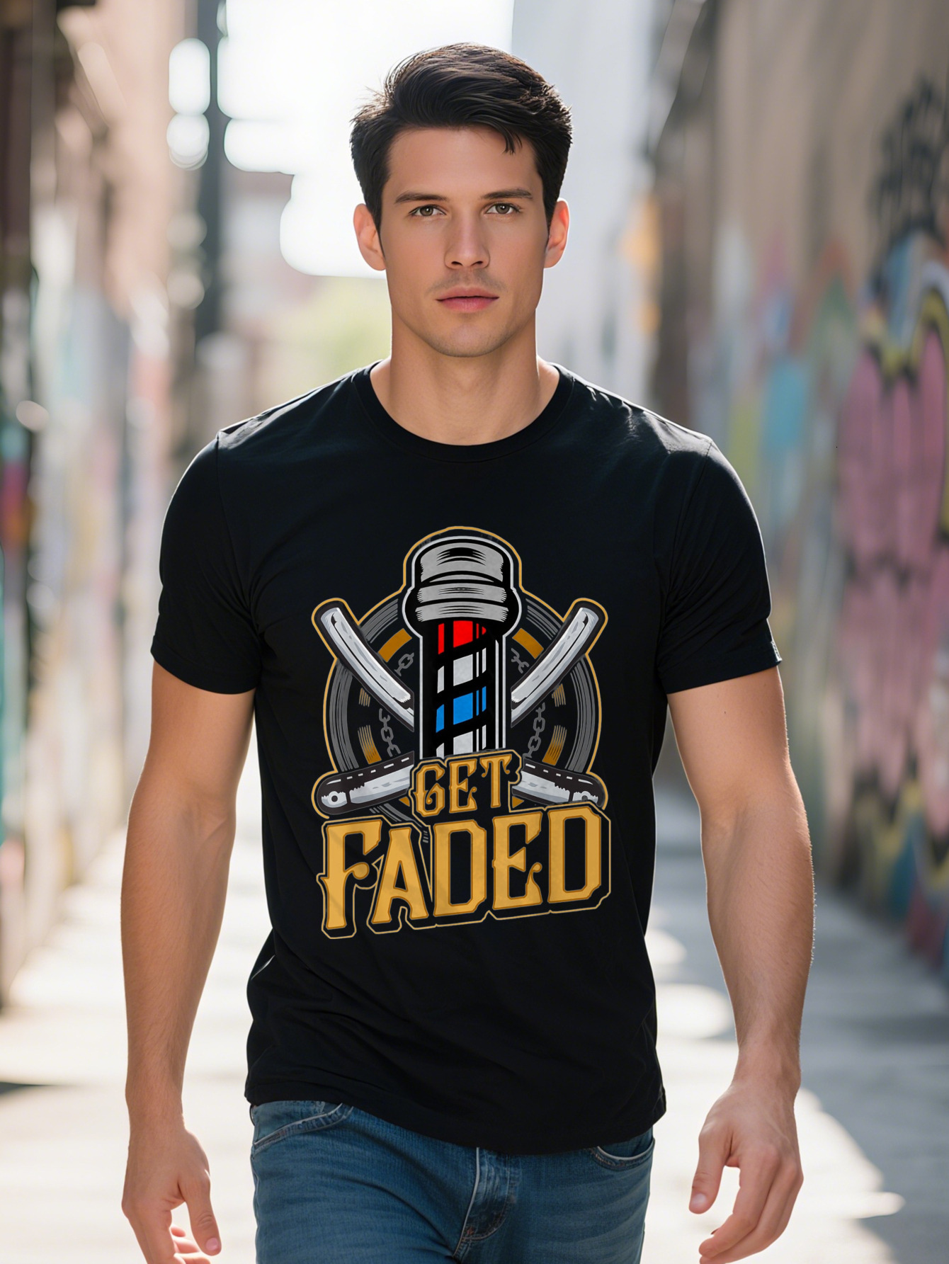 Men s Vintage Barber Graphic T Shirt g Cotton Short Sleeve Tee with Straight Razor GET FADED Design Retro