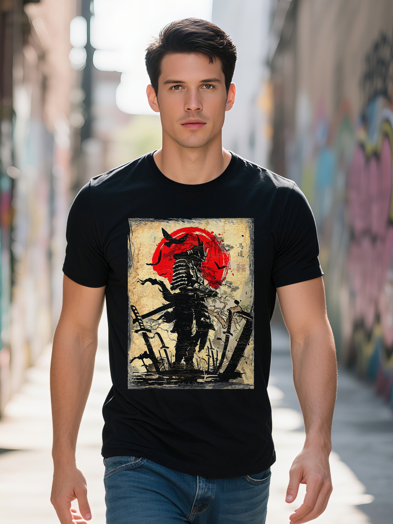 Cartoon Warrior Pattern Men's Casual Stretch Round Neck T-shirt for Spring Summer