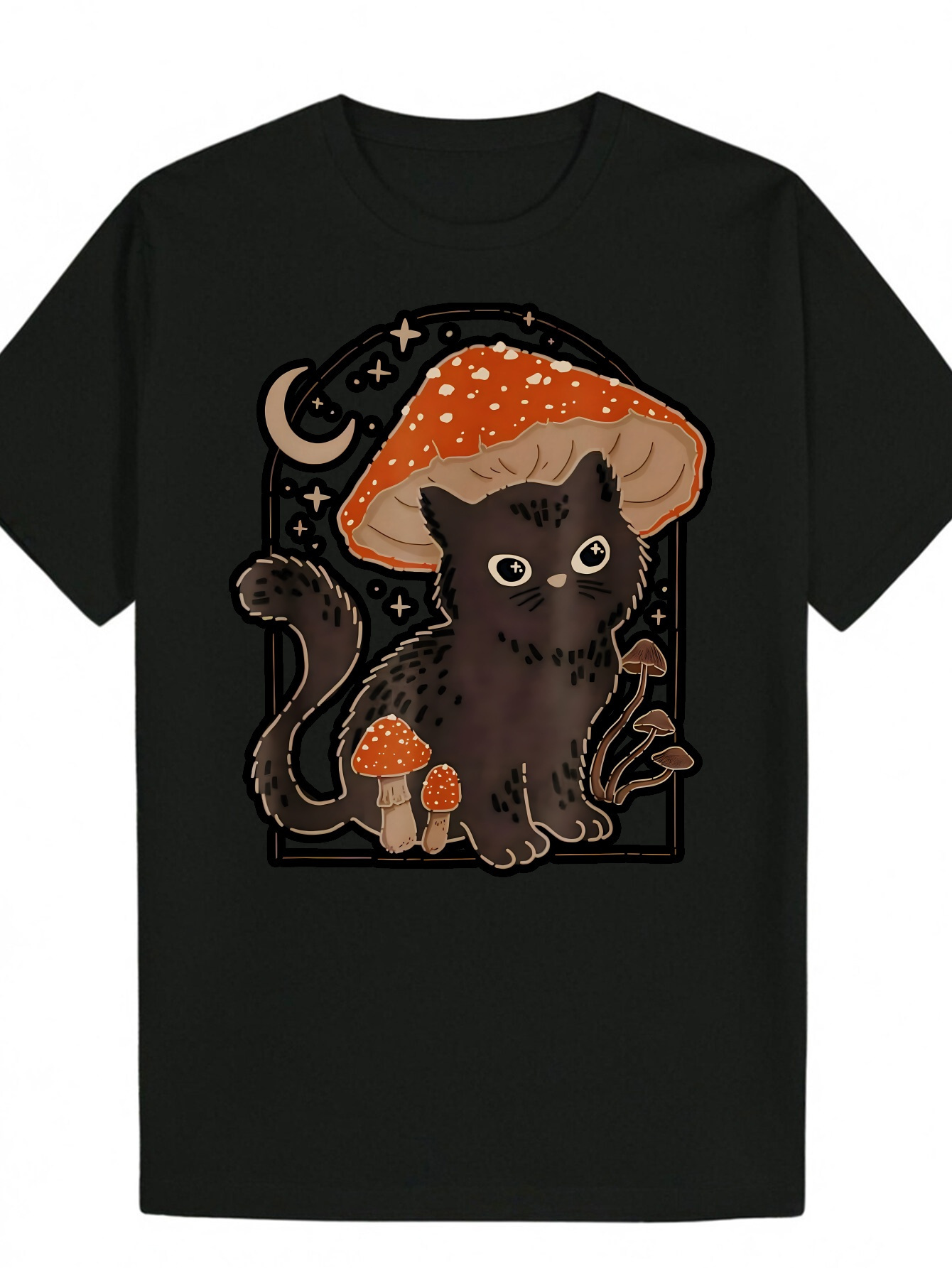 Men's Summer Casual Short Sleeve - Black Whimsical Cat and Mushroom Forest Print, Breathable Polyester, Crew Neck, Machine Washable, Regular Fit,
