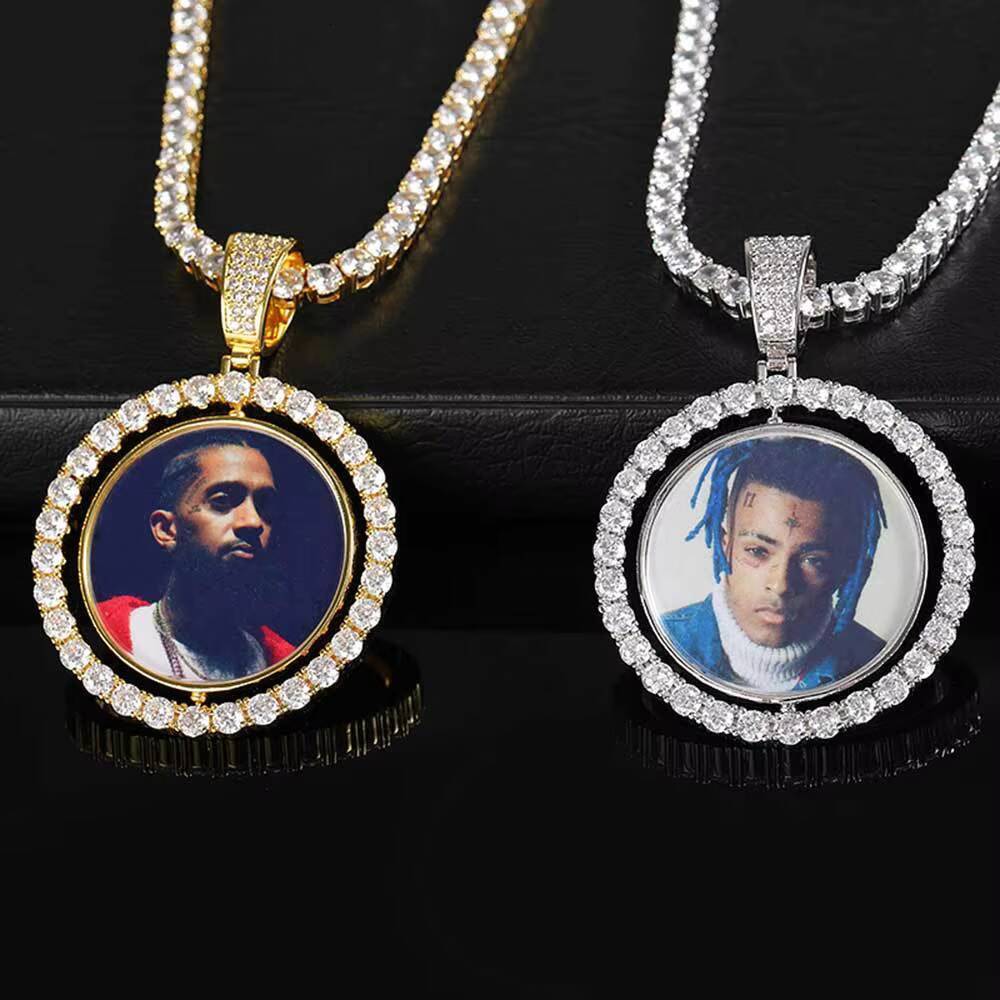 Fashion Hip Hop Memory Brass Zircon Rotatable Double Sided Circular Photo Pendant