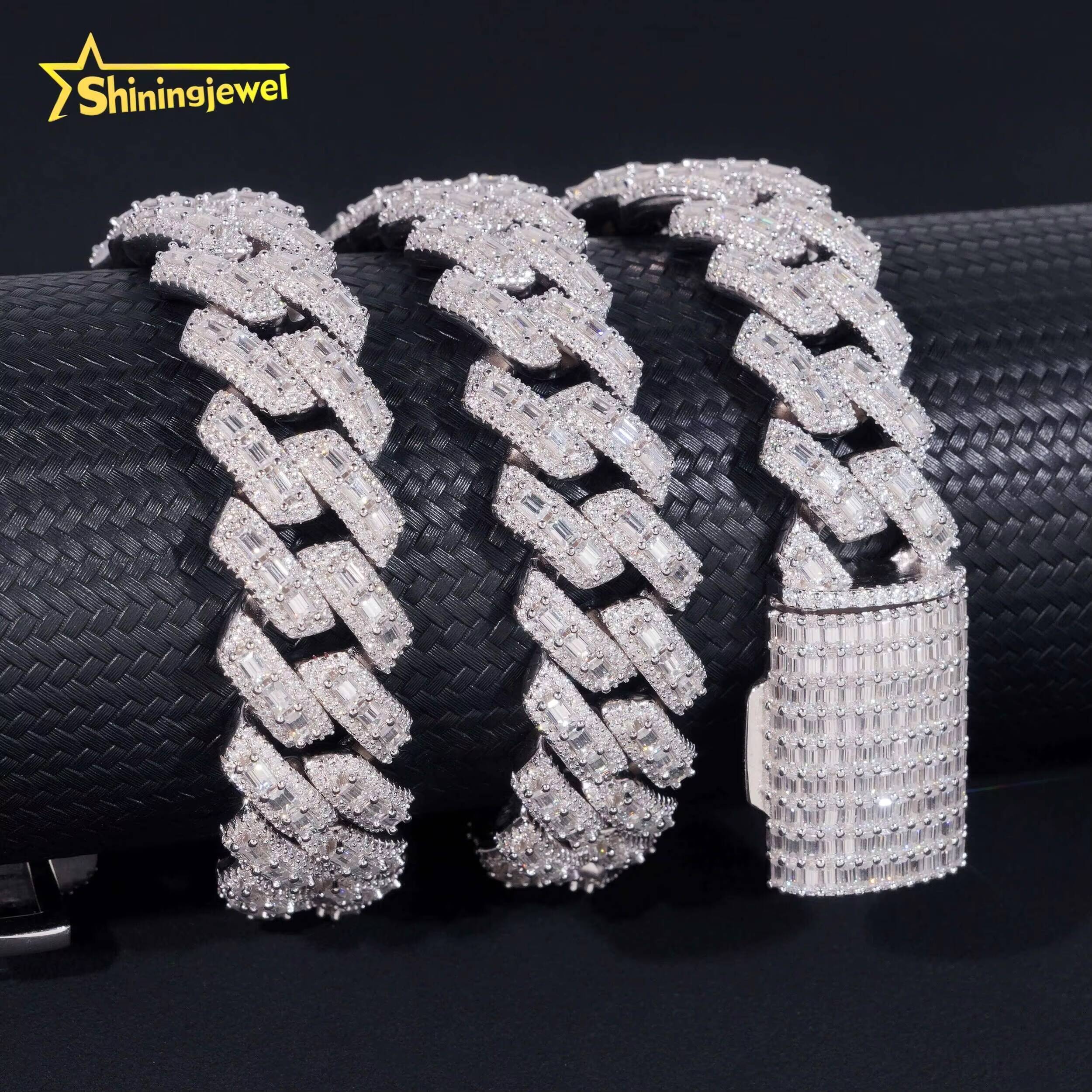Luxury Hip Hop Fine Jewelry Heavy 18mm 925 Sterling Silver Moissanite Baguette Iced Out Cuban Link Chain Necklaces