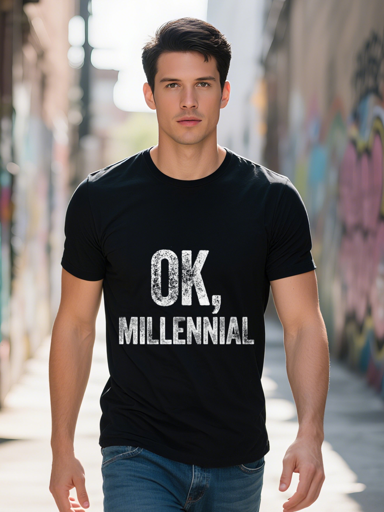 Men s Cotton OK Millennial Graphic T Shirt Funny Meme Design Black Short Sleeve Tee for Everyday Attire Tshirt