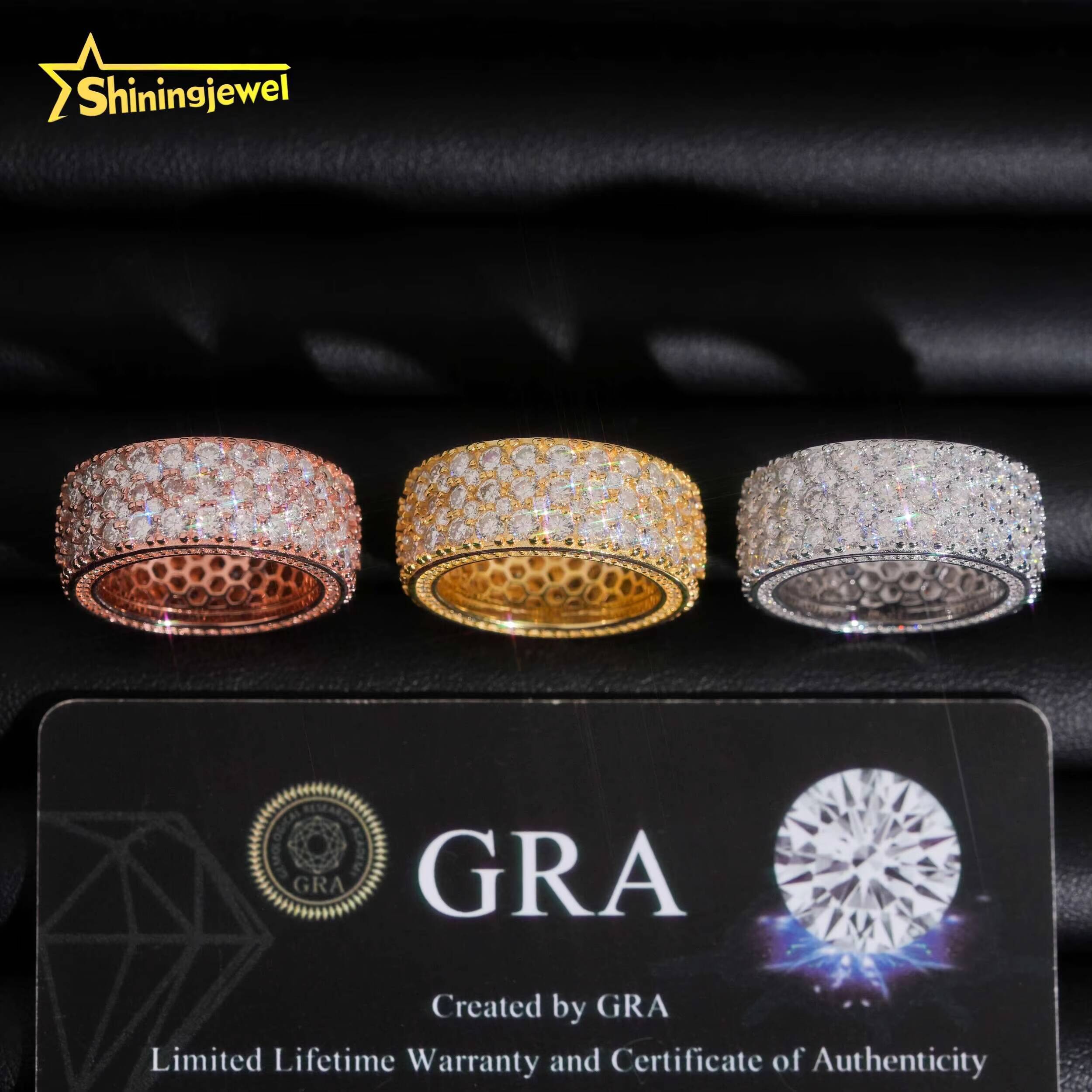 Luxury 3Rows Round Cut Diamond Fully Iced Out Band Ring VVS Moissanite Hop Jewelry 925 Sliver Gold Plated Mens Rings