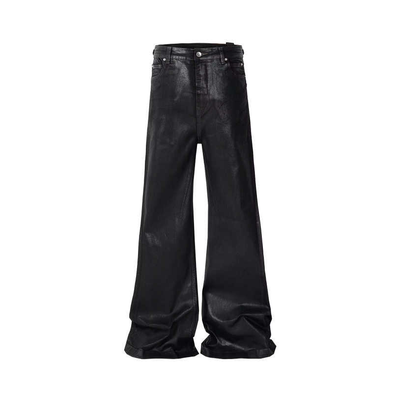 MIJKO Streetwear Black Wax Leather Strecth Jeans for Men Baggy Y2k Flare Pants Oversized Straight Denim Trousers