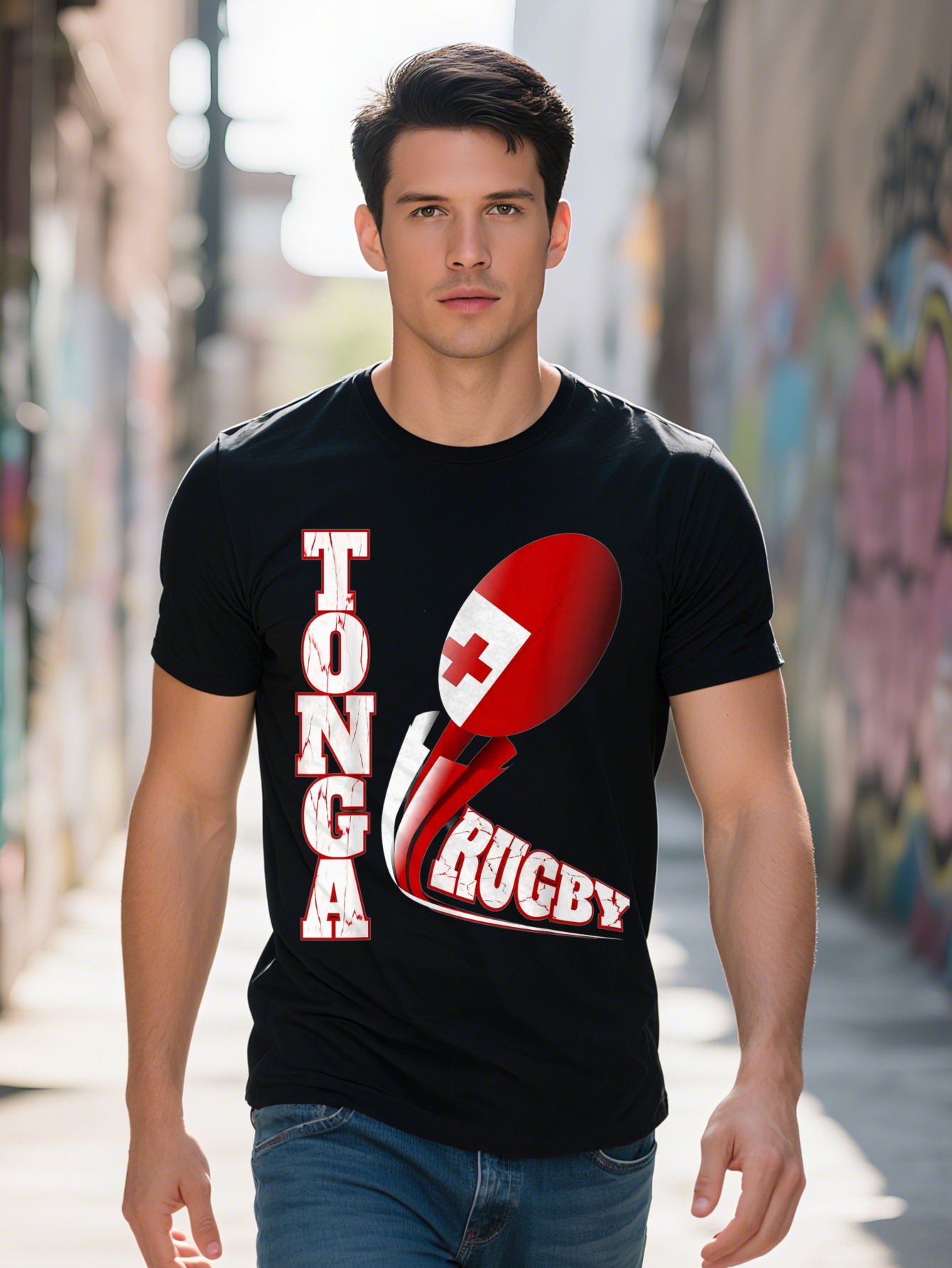 Rugby Fan Distressed Marbled Text Graphic T Shirt