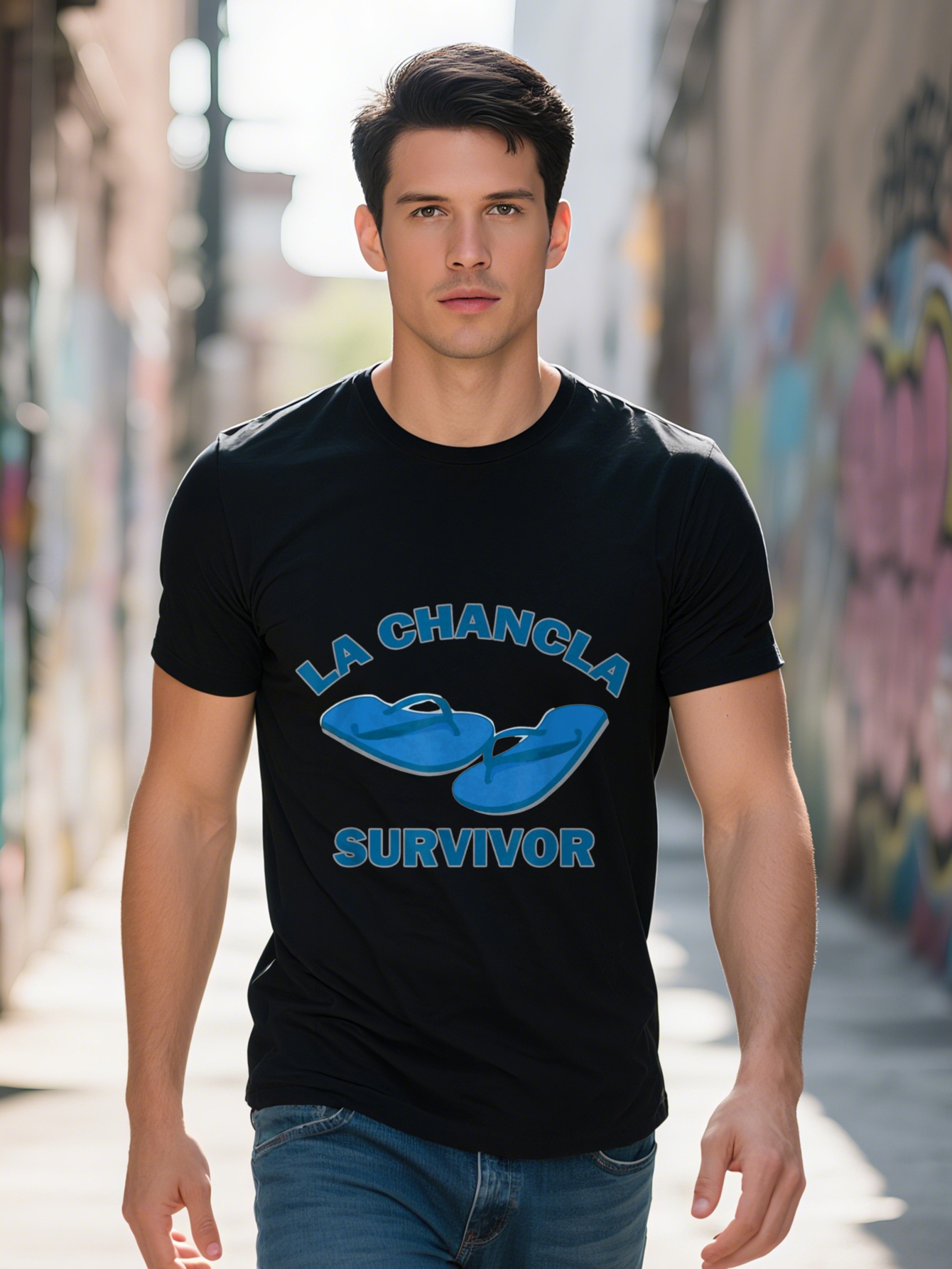 Men's 100% Cotton Pattern - Black T-Shirt with La Chancla Survivor Print, Short Sleeve, Crew Neck, Lightweight and Breathable, Suitable for Casua