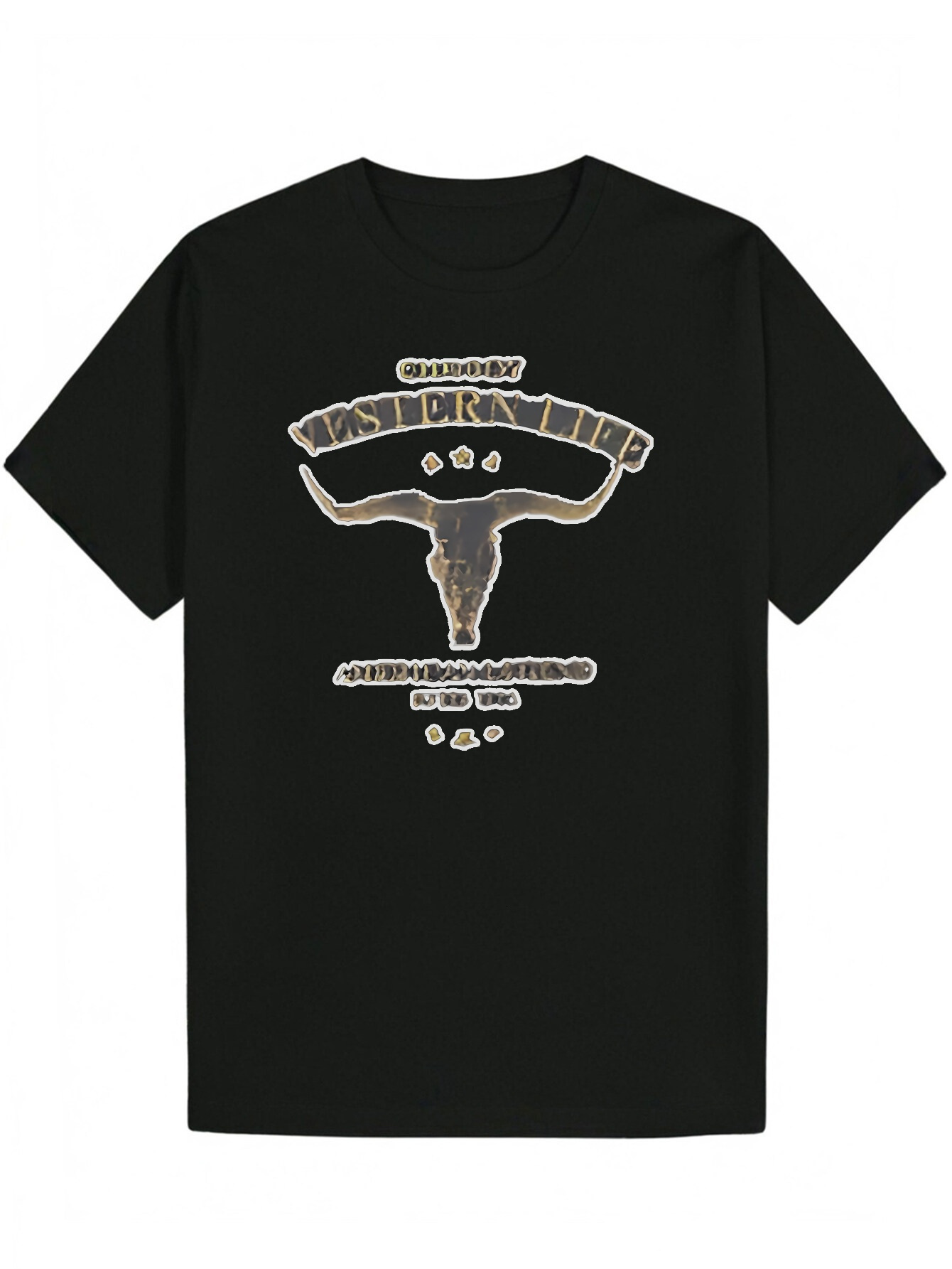 Men's Summer Casual Short Sleeve T-Shirt - Black Bull Skull Pattern with Gold Trim and "STORMY CLUB" Letters, Lightweight Polyester, Ne