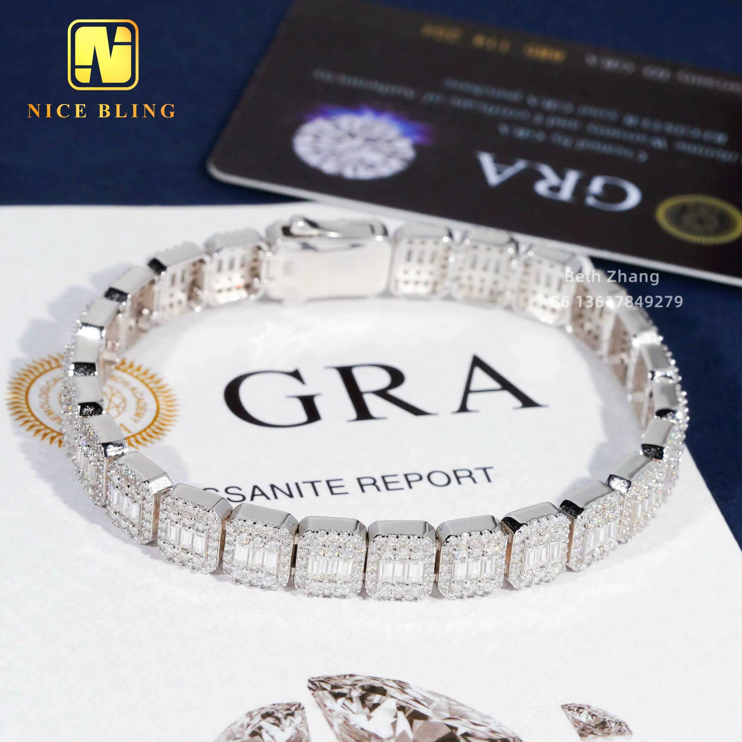 Baguette Moissanite Cuban Bracelet Fashion Hip Hop Iced Out Jewelry 9mm VVS Moissanite Diamond Cuban Link Chain Bracelet for Men