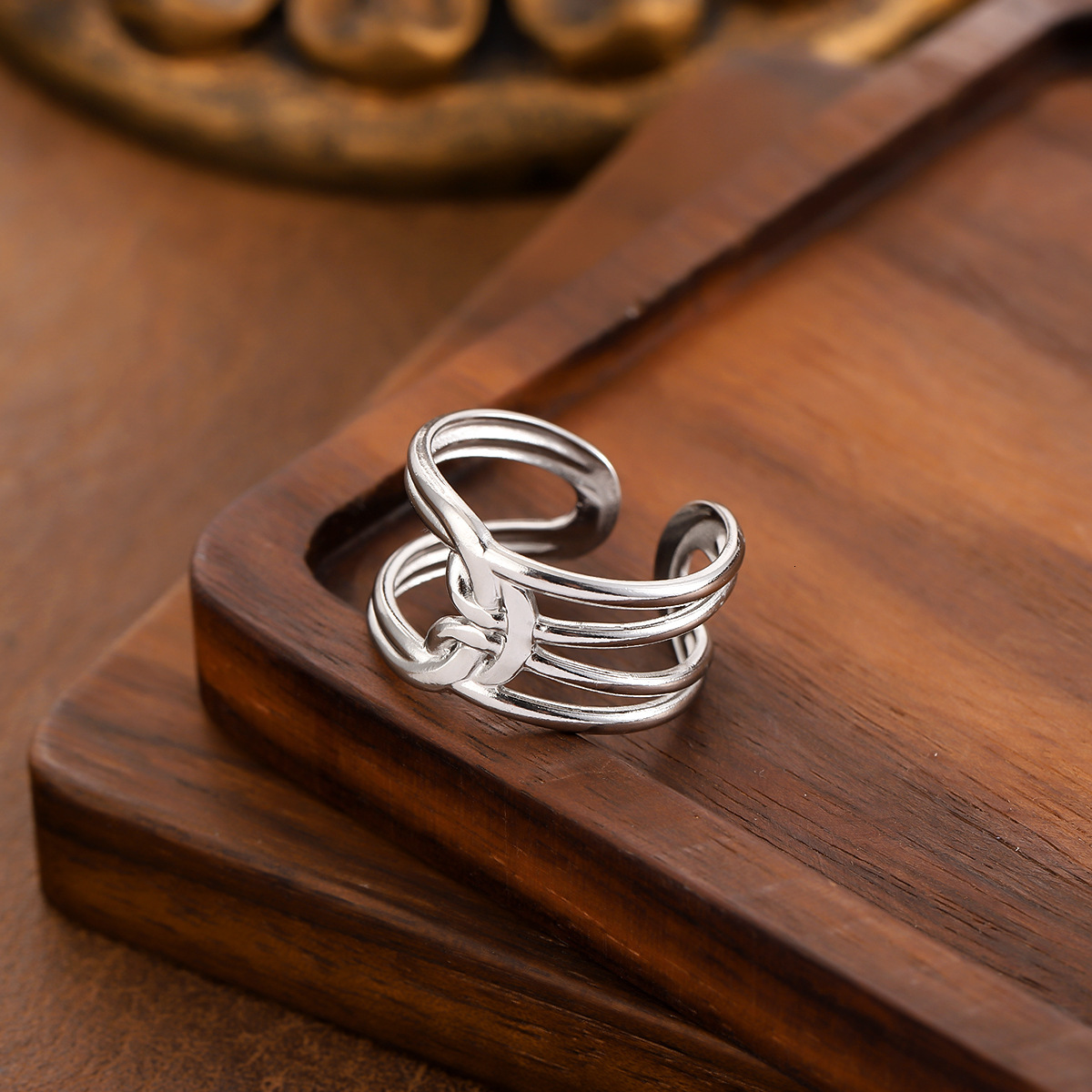 New Elegant Retro Line Knot Design Open Stainless Steel Designer Jewelry Wedding Rings For Women Vacuum Gold Plated Non-fading Ring