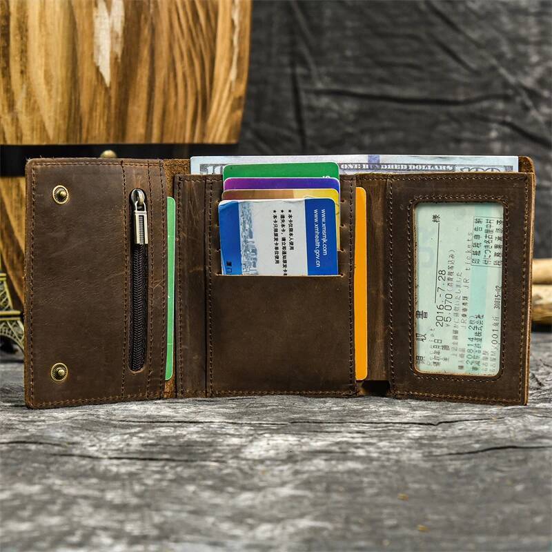 Newest Designer Men Genuine Card Holder Short Purse Leather Wallet With Iron Chain Trifold